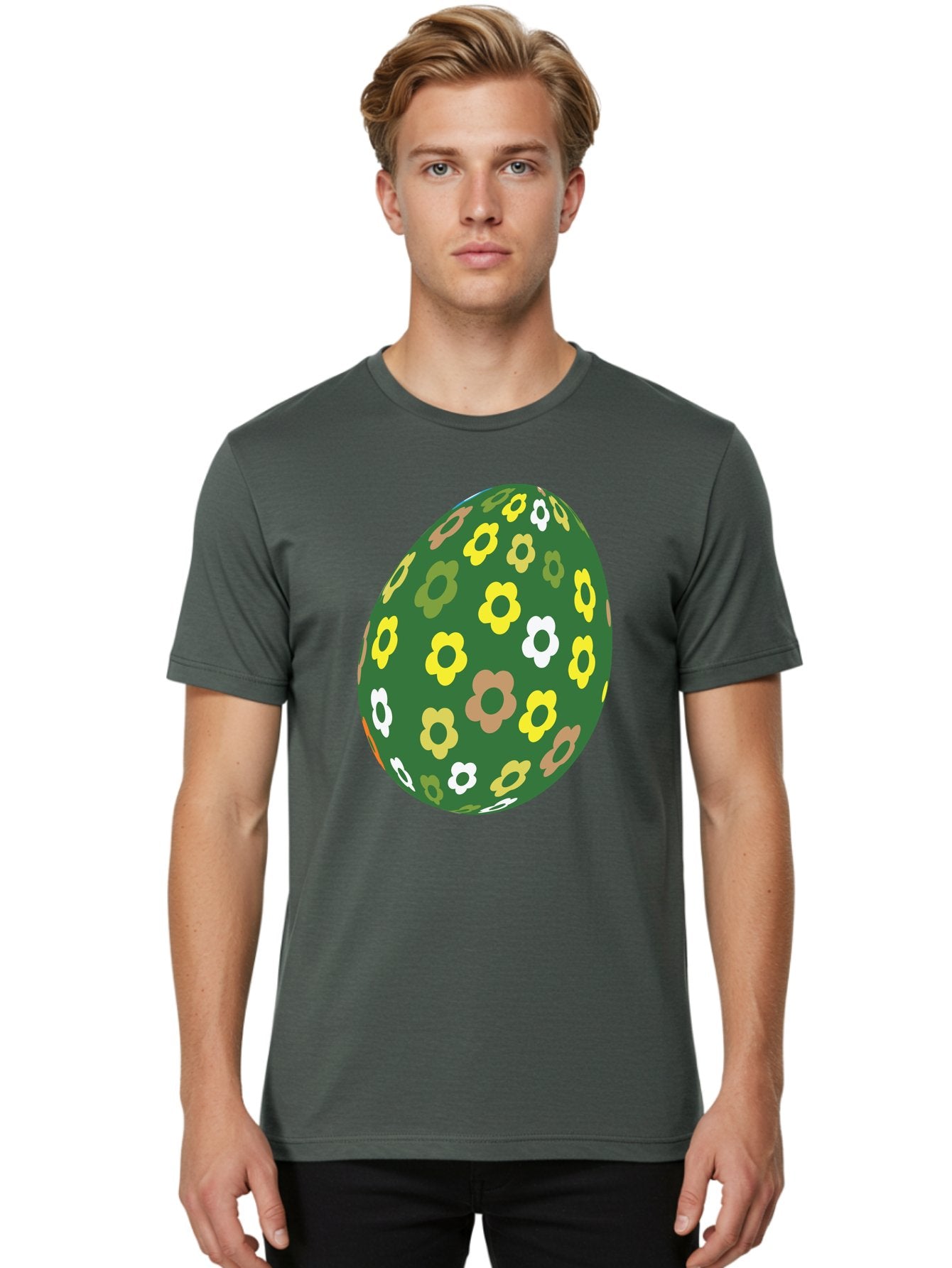 Floral-Easter-Egg-2 Men'S Graphic Tee, 100% Cotton, Comfortable Casual Summer Wear, Machine Washable, Easter Egg, Floral Pattern, Yellow Flowers, White Flowers, Green Egg, Easter Decoration, Spring Theme, Festive Design, Colorful Graphic, Aac726 18