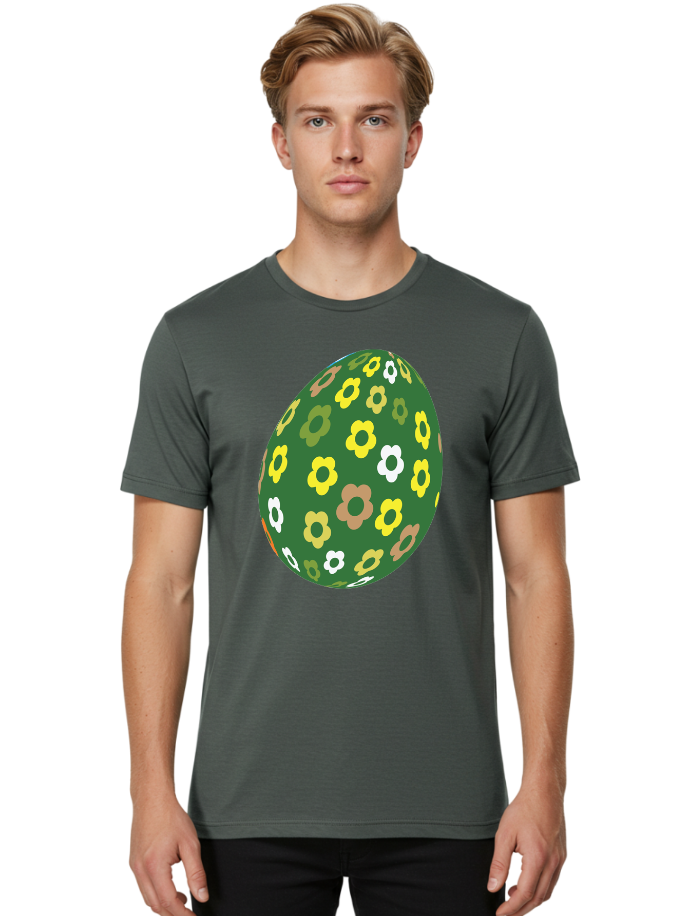 Floral-Easter-Egg-2 Men'S Graphic Tee, 100% Cotton, Comfortable Casual Summer Wear, Machine Washable, Easter Egg, Floral Pattern, Yellow Flowers, White Flowers, Green Egg, Easter Decoration, Spring Theme, Festive Design, Colorful Graphic, Aac726 24