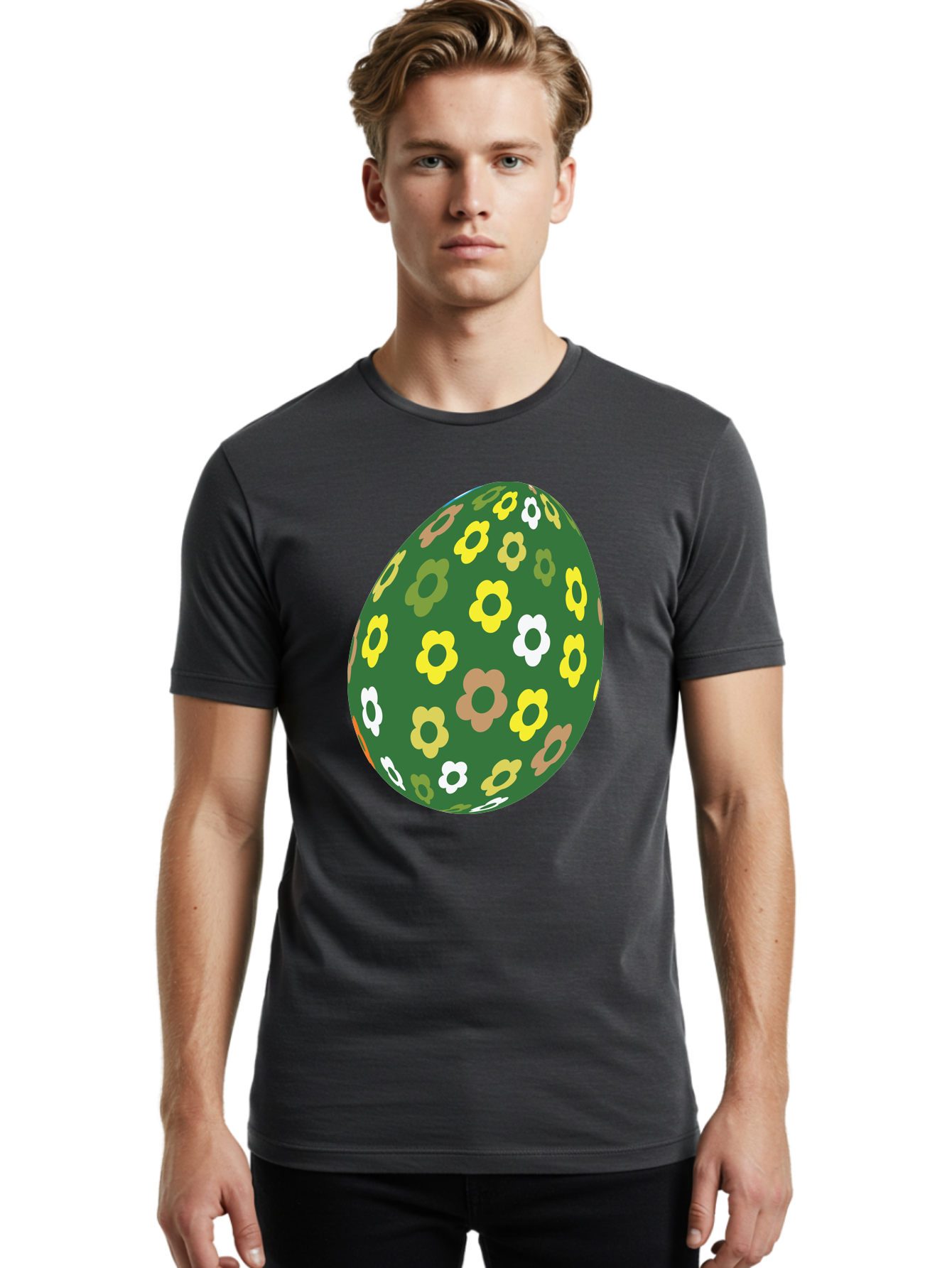 Floral-Easter-Egg-2 Men'S Graphic Tee, 100% Cotton, Comfortable Casual Summer Wear, Machine Washable, Easter Egg, Floral Pattern, Yellow Flowers, White Flowers, Green Egg, Easter Decoration, Spring Theme, Festive Design, Colorful Graphic, Aac726 28
