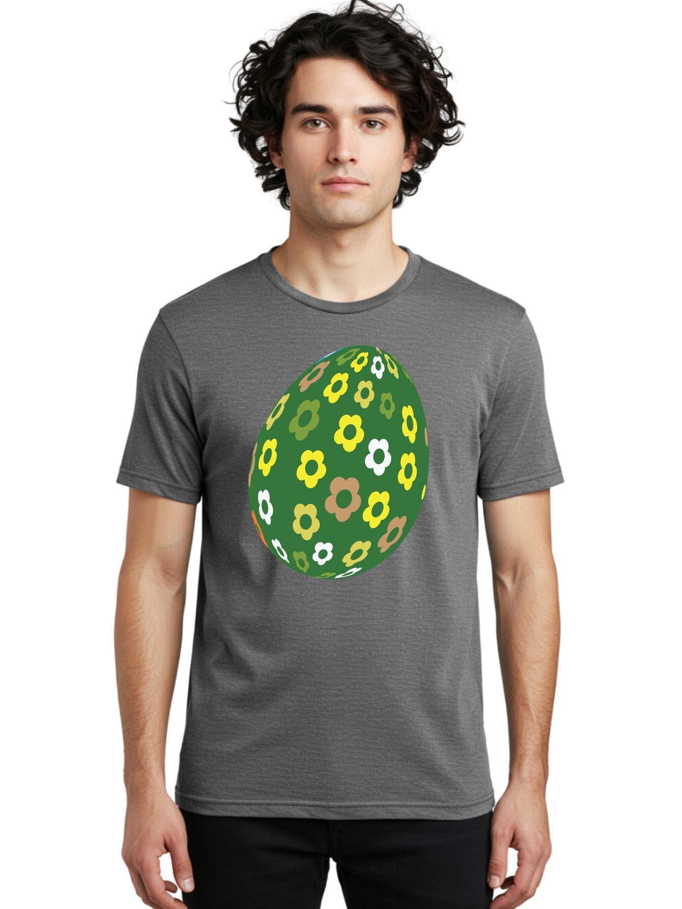 Floral-Easter-Egg-2 Men'S Graphic Tee, 100% Cotton, Comfortable Casual Summer Wear, Machine Washable, Easter Egg, Floral Pattern, Yellow Flowers, White Flowers, Green Egg, Easter Decoration, Spring Theme, Festive Design, Colorful Graphic, Aac726 27