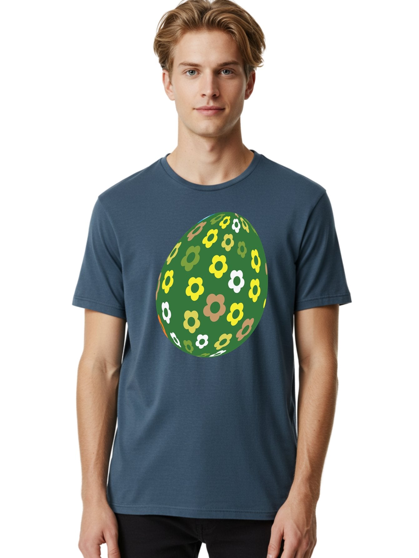 Floral-Easter-Egg-2 Men'S Graphic Tee, 100% Cotton, Comfortable Casual Summer Wear, Machine Washable, Easter Egg, Floral Pattern, Yellow Flowers, White Flowers, Green Egg, Easter Decoration, Spring Theme, Festive Design, Colorful Graphic, Aac726 29
