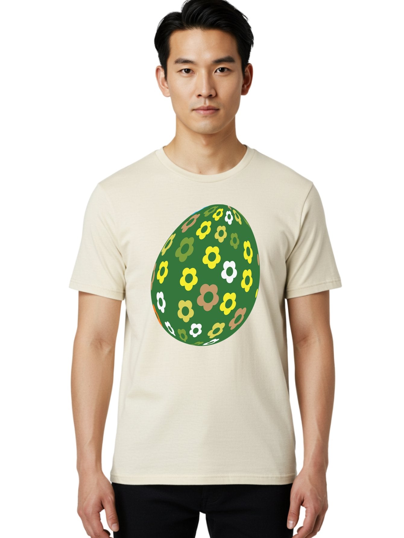 Floral-Easter-Egg-2 Men'S Graphic Tee, 100% Cotton, Comfortable Casual Summer Wear, Machine Washable, Easter Egg, Floral Pattern, Yellow Flowers, White Flowers, Green Egg, Easter Decoration, Spring Theme, Festive Design, Colorful Graphic, Aac726 22