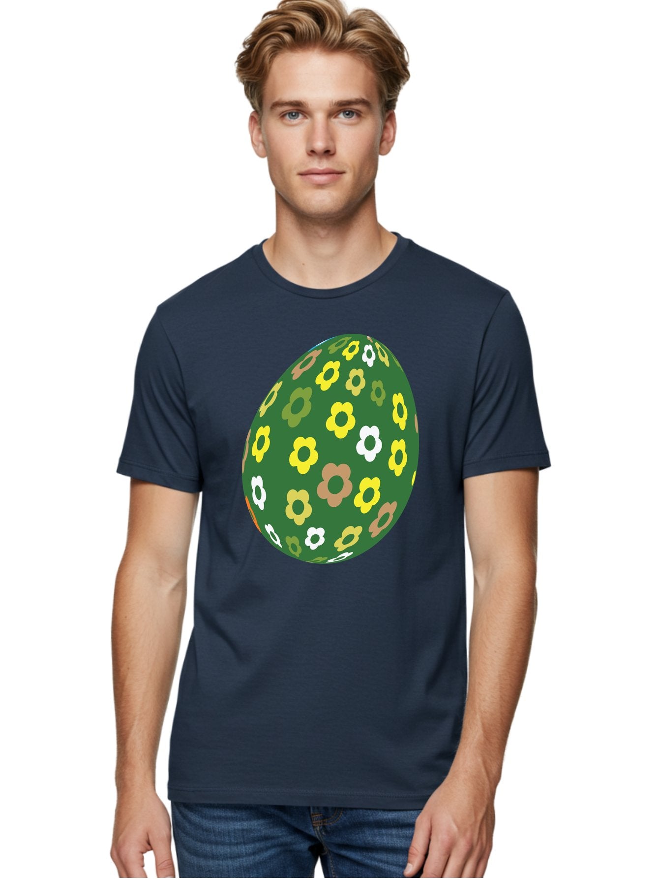 Floral-Easter-Egg-2 Men'S Graphic Tee, 100% Cotton, Comfortable Casual Summer Wear, Machine Washable, Easter Egg, Floral Pattern, Yellow Flowers, White Flowers, Green Egg, Easter Decoration, Spring Theme, Festive Design, Colorful Graphic, Aac726 20