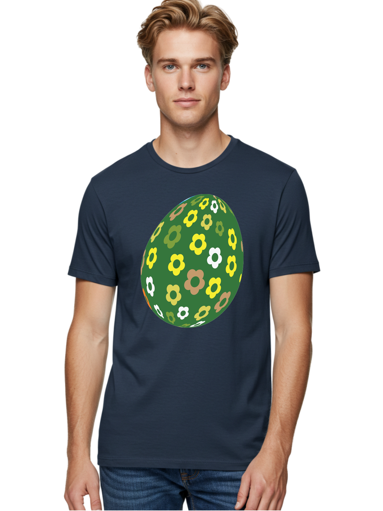 Floral-Easter-Egg-2 Men'S Graphic Tee, 100% Cotton, Comfortable Casual Summer Wear, Machine Washable, Easter Egg, Floral Pattern, Yellow Flowers, White Flowers, Green Egg, Easter Decoration, Spring Theme, Festive Design, Colorful Graphic, Aac726 30
