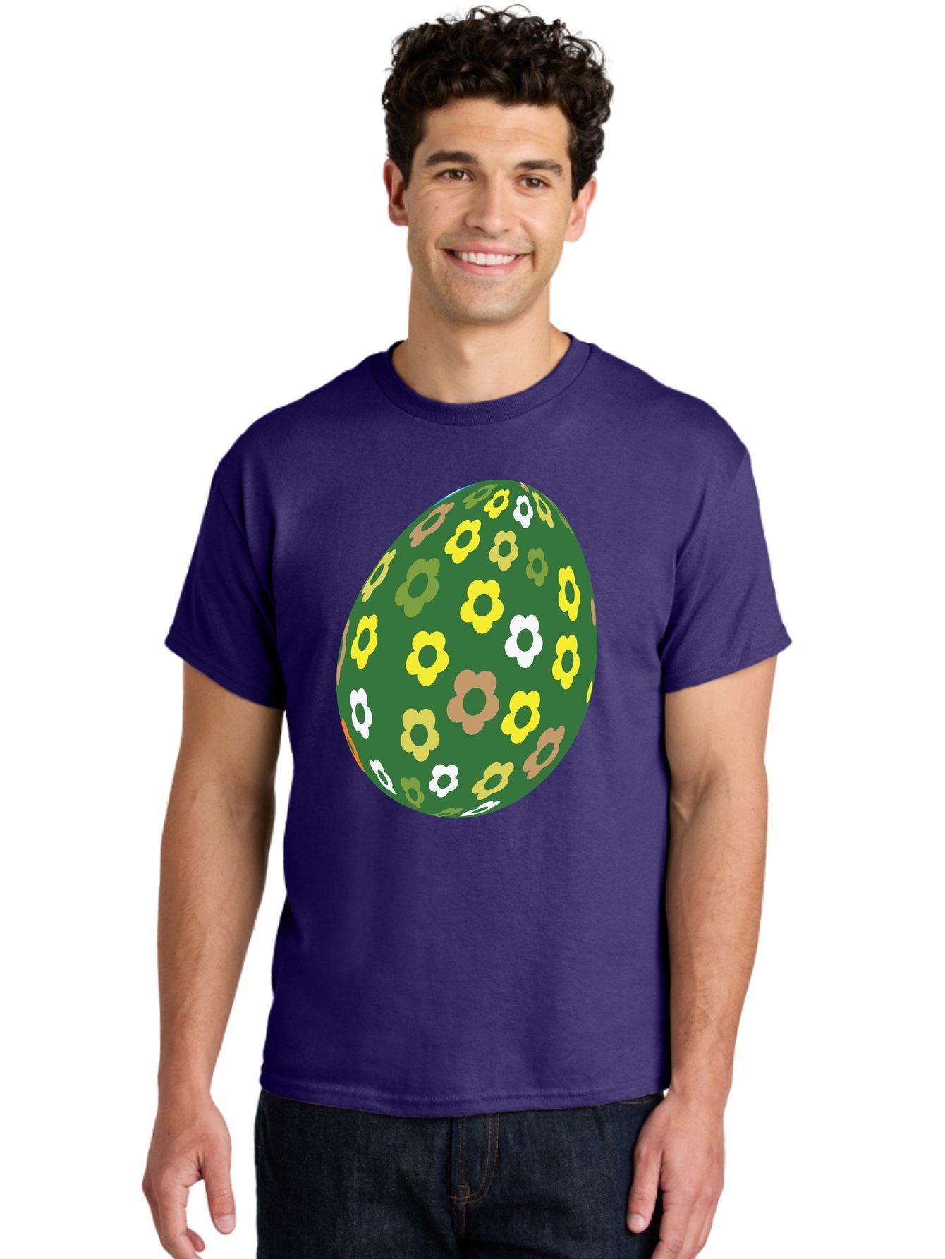 Floral-Easter-Egg-2 Men'S Graphic Tee, 100% Cotton, Comfortable Casual Summer Wear, Machine Washable, Easter Egg, Floral Pattern, Yellow Flowers, White Flowers, Green Egg, Easter Decoration, Spring Theme, Festive Design, Colorful Graphic, Aac726 16