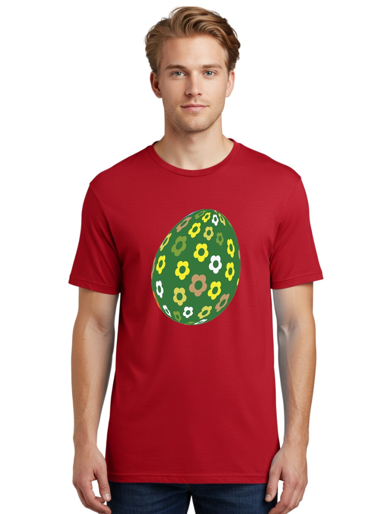 Floral-Easter-Egg-2 Men'S Graphic Tee, 100% Cotton, Comfortable Casual Summer Wear, Machine Washable, Easter Egg, Floral Pattern, Yellow Flowers, White Flowers, Green Egg, Easter Decoration, Spring Theme, Festive Design, Colorful Graphic, Aac726 25