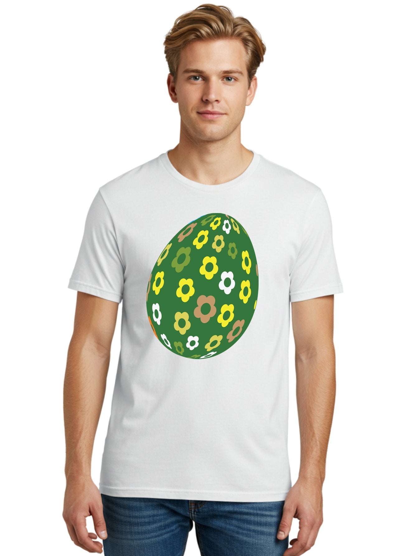 Floral-Easter-Egg-2 Men'S Graphic Tee, 100% Cotton, Comfortable Casual Summer Wear, Machine Washable, Easter Egg, Floral Pattern, Yellow Flowers, White Flowers, Green Egg, Easter Decoration, Spring Theme, Festive Design, Colorful Graphic, Aac726 21