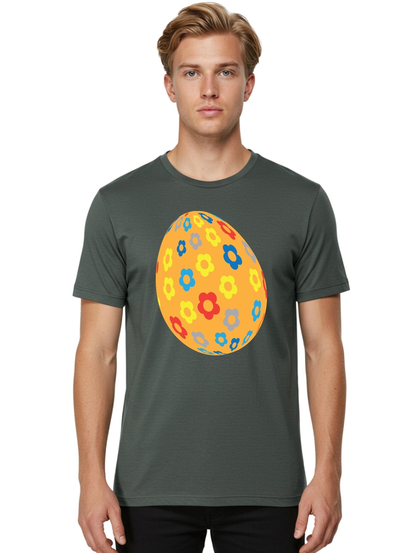 Floral-Easter-Egg Men'S Graphic Tee, 100% Cotton, Comfortable Casual Summer Wear, Machine Washable, Orange Easter Egg, Colorful Flowers, Decorative Pattern, Festive Design, Spring Theme, Vibrant Colors, Easter Decoration, Floral Motif Aac728 16