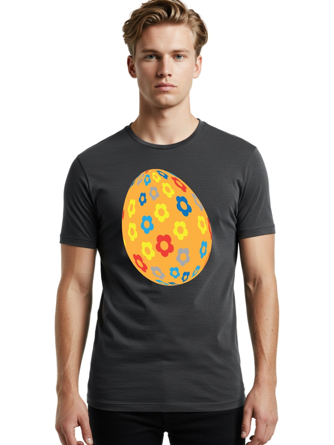 Floral-Easter-Egg Men'S Graphic Tee, 100% Cotton, Comfortable Casual Summer Wear, Machine Washable, Orange Easter Egg, Colorful Flowers, Decorative Pattern, Festive Design, Spring Theme, Vibrant Colors, Easter Decoration, Floral Motif Aac728 21
