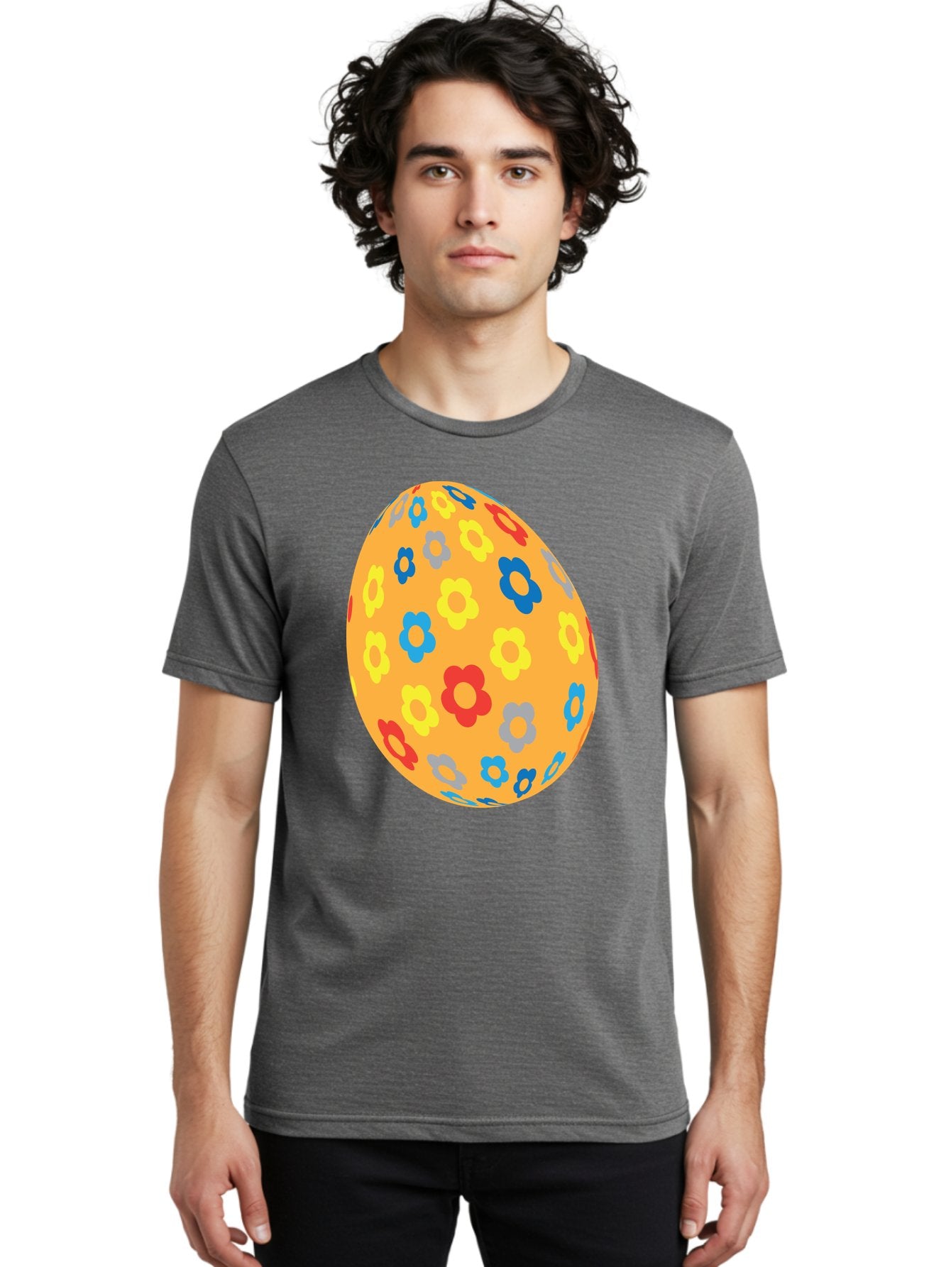 Floral-Easter-Egg Men'S Graphic Tee, 100% Cotton, Comfortable Casual Summer Wear, Machine Washable, Orange Easter Egg, Colorful Flowers, Decorative Pattern, Festive Design, Spring Theme, Vibrant Colors, Easter Decoration, Floral Motif Aac728 23