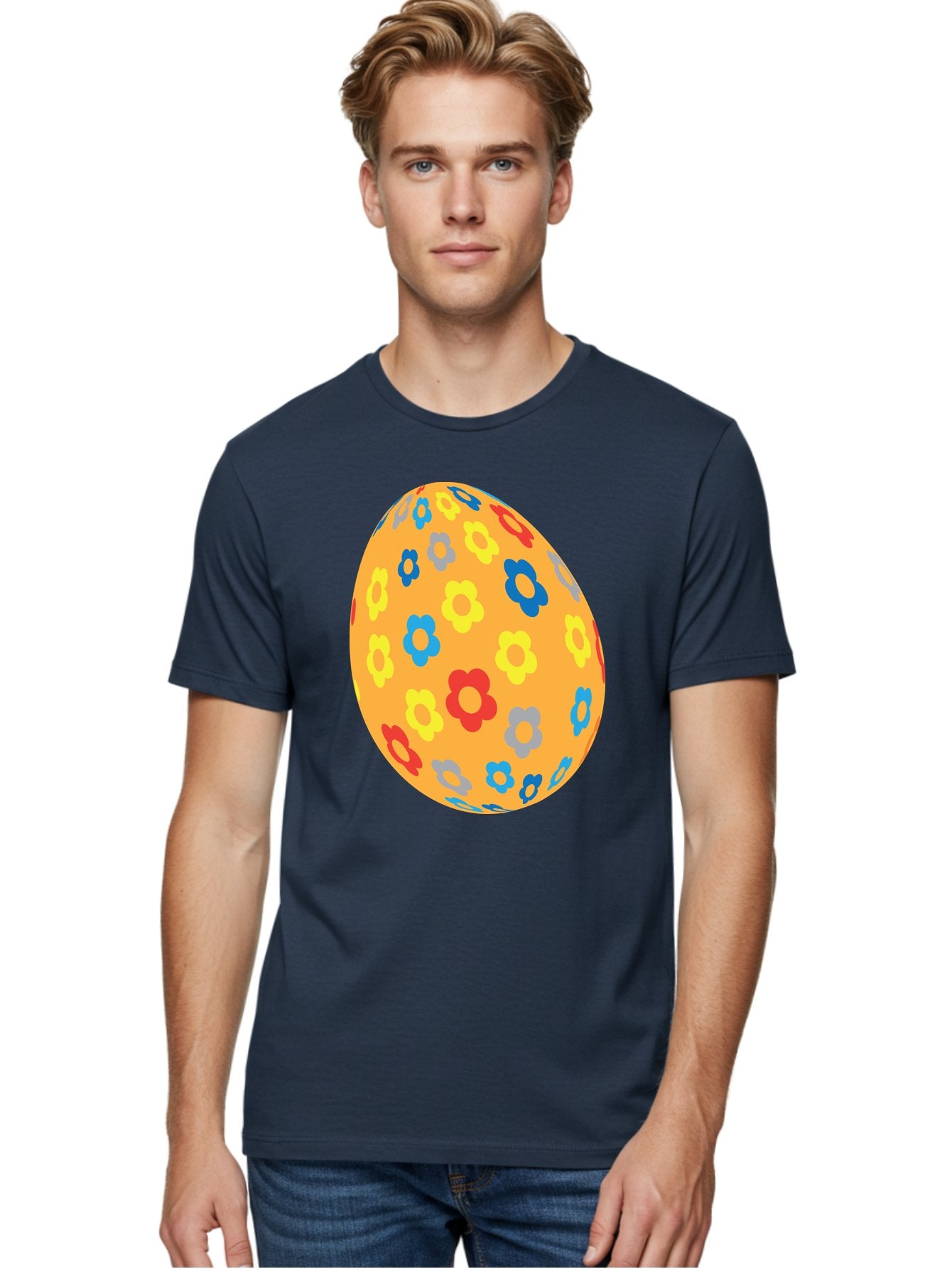 Floral-Easter-Egg Men'S Graphic Tee, 100% Cotton, Comfortable Casual Summer Wear, Machine Washable, Orange Easter Egg, Colorful Flowers, Decorative Pattern, Festive Design, Spring Theme, Vibrant Colors, Easter Decoration, Floral Motif Aac728 27