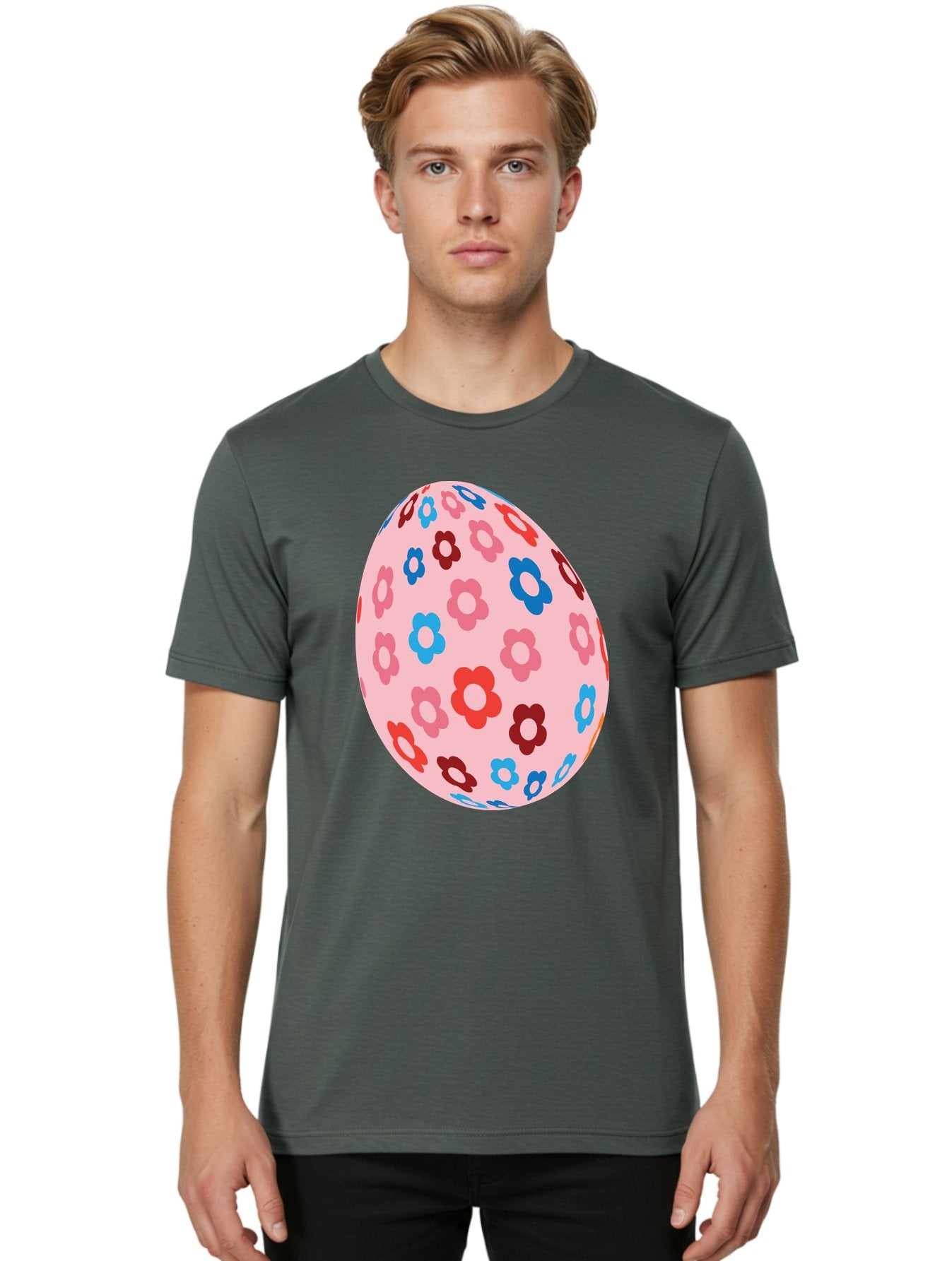 Floral-Egg-2 Men'S Graphic Tee, 100% Cotton, Comfortable Casual Summer Wear, Machine Washable, Easter Egg, Floral Pattern, Pink Background, Red Flowers, Blue Flowers, Colorful Design, Spring Theme, Easter Decoration, Digital Illustration, Aac730 20