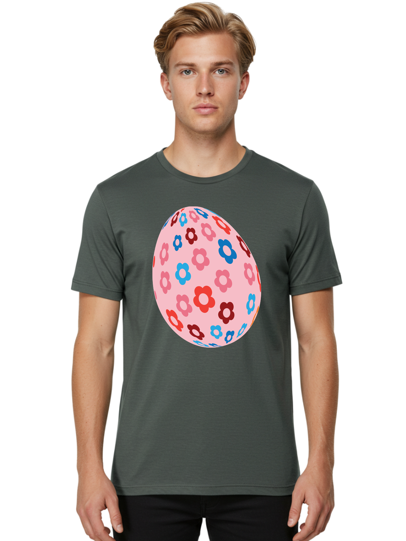 Floral-Egg-2 Men'S Graphic Tee, 100% Cotton, Comfortable Casual Summer Wear, Machine Washable, Easter Egg, Floral Pattern, Pink Background, Red Flowers, Blue Flowers, Colorful Design, Spring Theme, Easter Decoration, Digital Illustration, Aac730 30