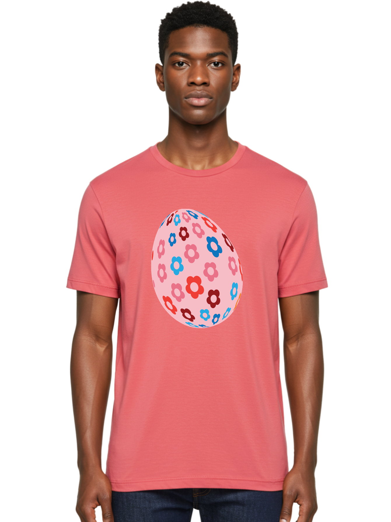Floral-Egg-2 Men'S Graphic Tee, 100% Cotton, Comfortable Casual Summer Wear, Machine Washable, Easter Egg, Floral Pattern, Pink Background, Red Flowers, Blue Flowers, Colorful Design, Spring Theme, Easter Decoration, Digital Illustration, Aac730 24