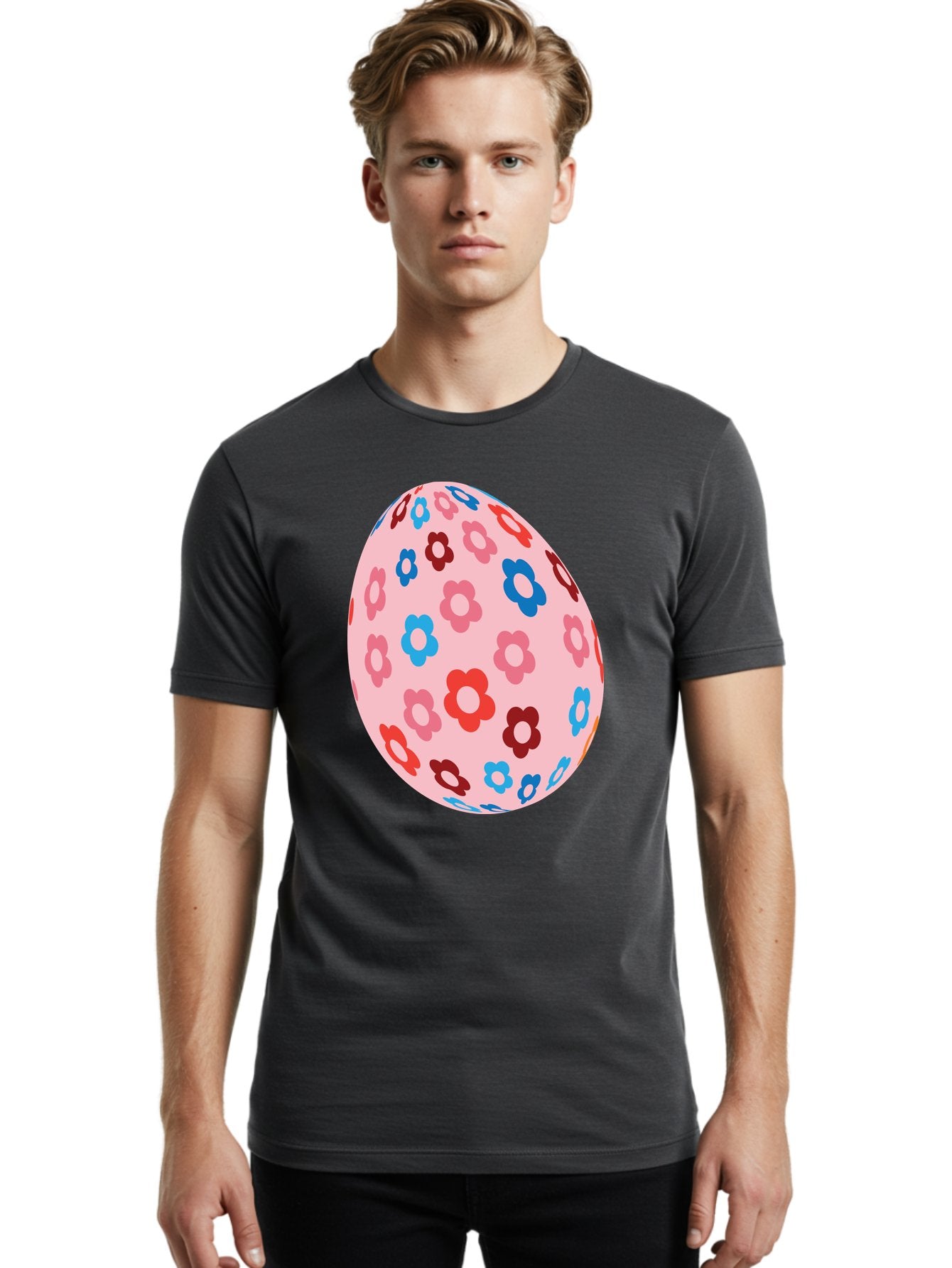 Floral-Egg-2 Men'S Graphic Tee, 100% Cotton, Comfortable Casual Summer Wear, Machine Washable, Easter Egg, Floral Pattern, Pink Background, Red Flowers, Blue Flowers, Colorful Design, Spring Theme, Easter Decoration, Digital Illustration, Aac730 23
