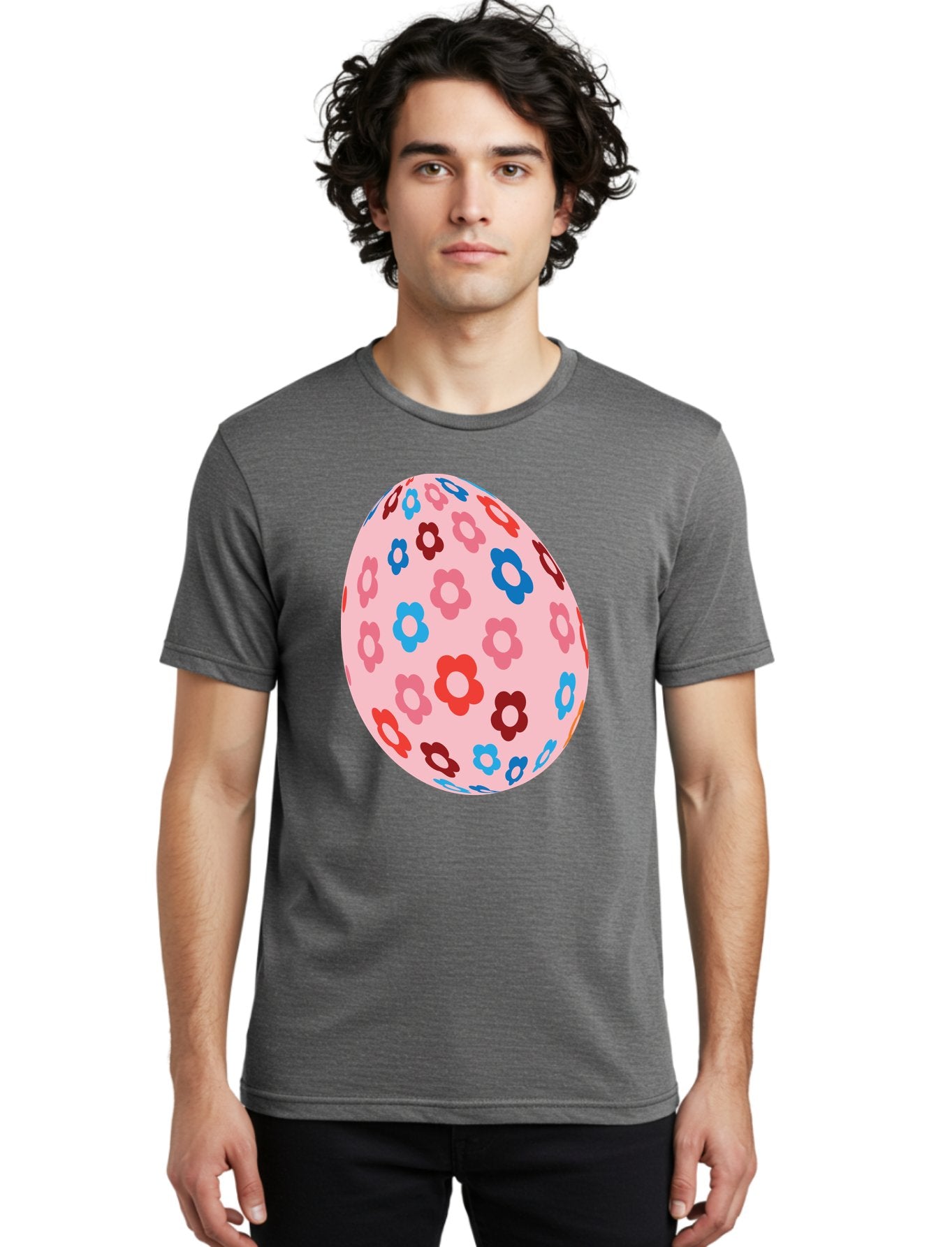 Floral-Egg-2 Men'S Graphic Tee, 100% Cotton, Comfortable Casual Summer Wear, Machine Washable, Easter Egg, Floral Pattern, Pink Background, Red Flowers, Blue Flowers, Colorful Design, Spring Theme, Easter Decoration, Digital Illustration, Aac730 29