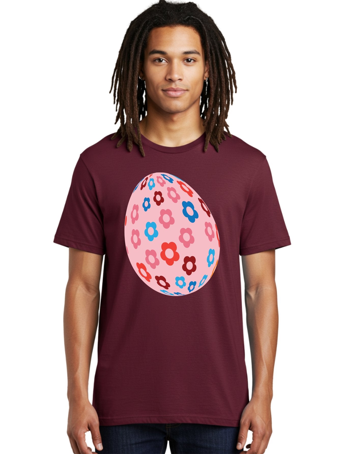 Floral-Egg-2 Men'S Graphic Tee, 100% Cotton, Comfortable Casual Summer Wear, Machine Washable, Easter Egg, Floral Pattern, Pink Background, Red Flowers, Blue Flowers, Colorful Design, Spring Theme, Easter Decoration, Digital Illustration, Aac730 24