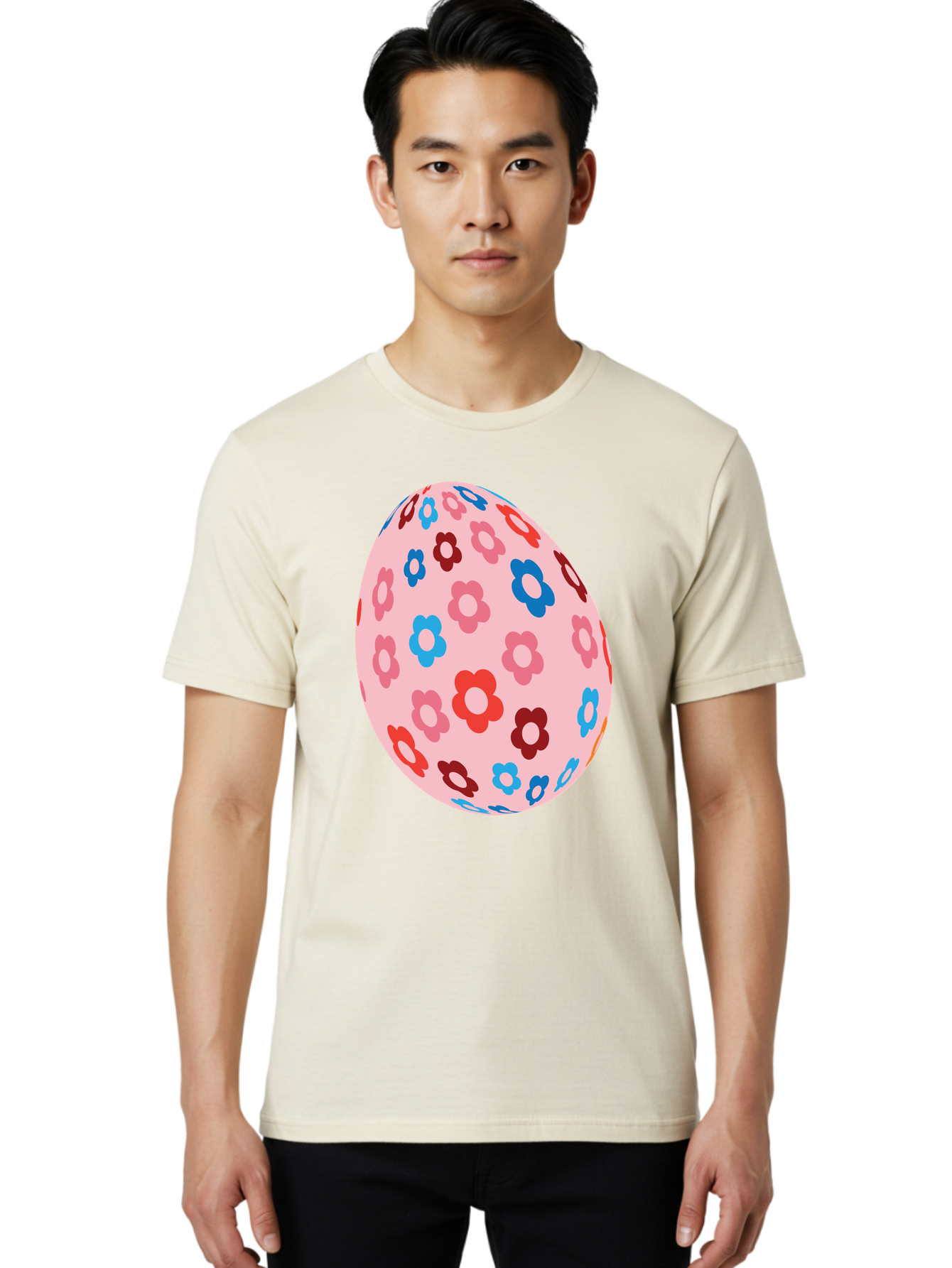 Floral-Egg-2 Men'S Graphic Tee, 100% Cotton, Comfortable Casual Summer Wear, Machine Washable, Easter Egg, Floral Pattern, Pink Background, Red Flowers, Blue Flowers, Colorful Design, Spring Theme, Easter Decoration, Digital Illustration, Aac730 8