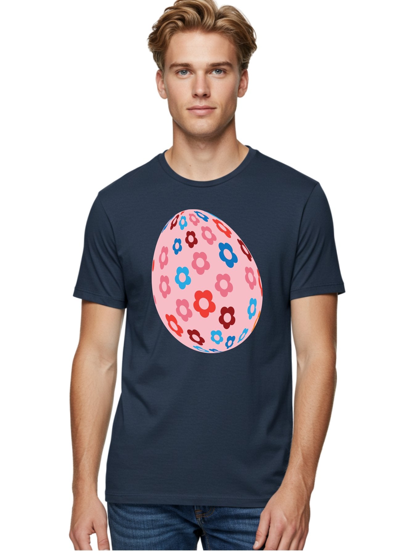 Floral-Egg-2 Men'S Graphic Tee, 100% Cotton, Comfortable Casual Summer Wear, Machine Washable, Easter Egg, Floral Pattern, Pink Background, Red Flowers, Blue Flowers, Colorful Design, Spring Theme, Easter Decoration, Digital Illustration, Aac730 26