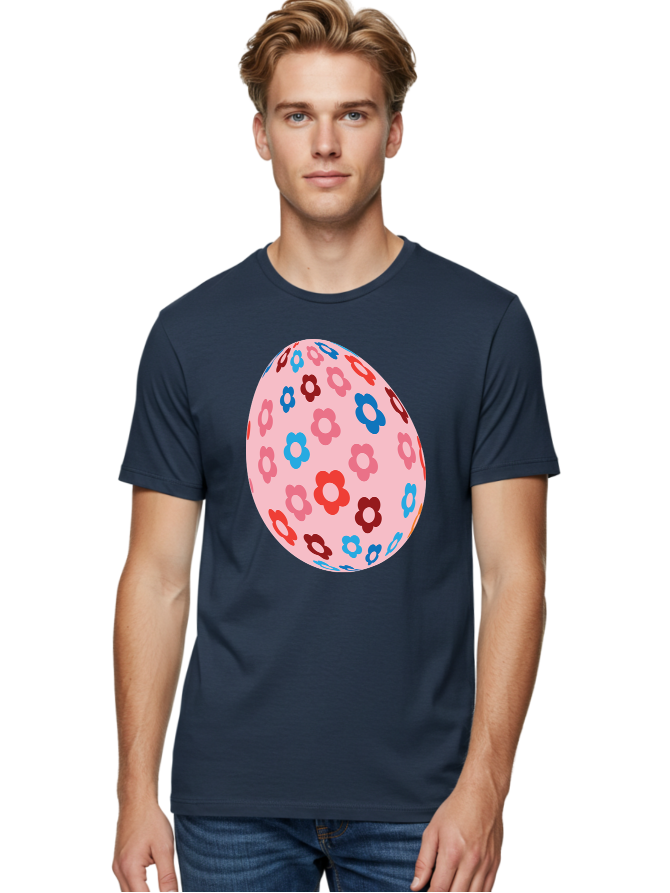 Floral-Egg-2 Men'S Graphic Tee, 100% Cotton, Comfortable Casual Summer Wear, Machine Washable, Easter Egg, Floral Pattern, Pink Background, Red Flowers, Blue Flowers, Colorful Design, Spring Theme, Easter Decoration, Digital Illustration, Aac730 10