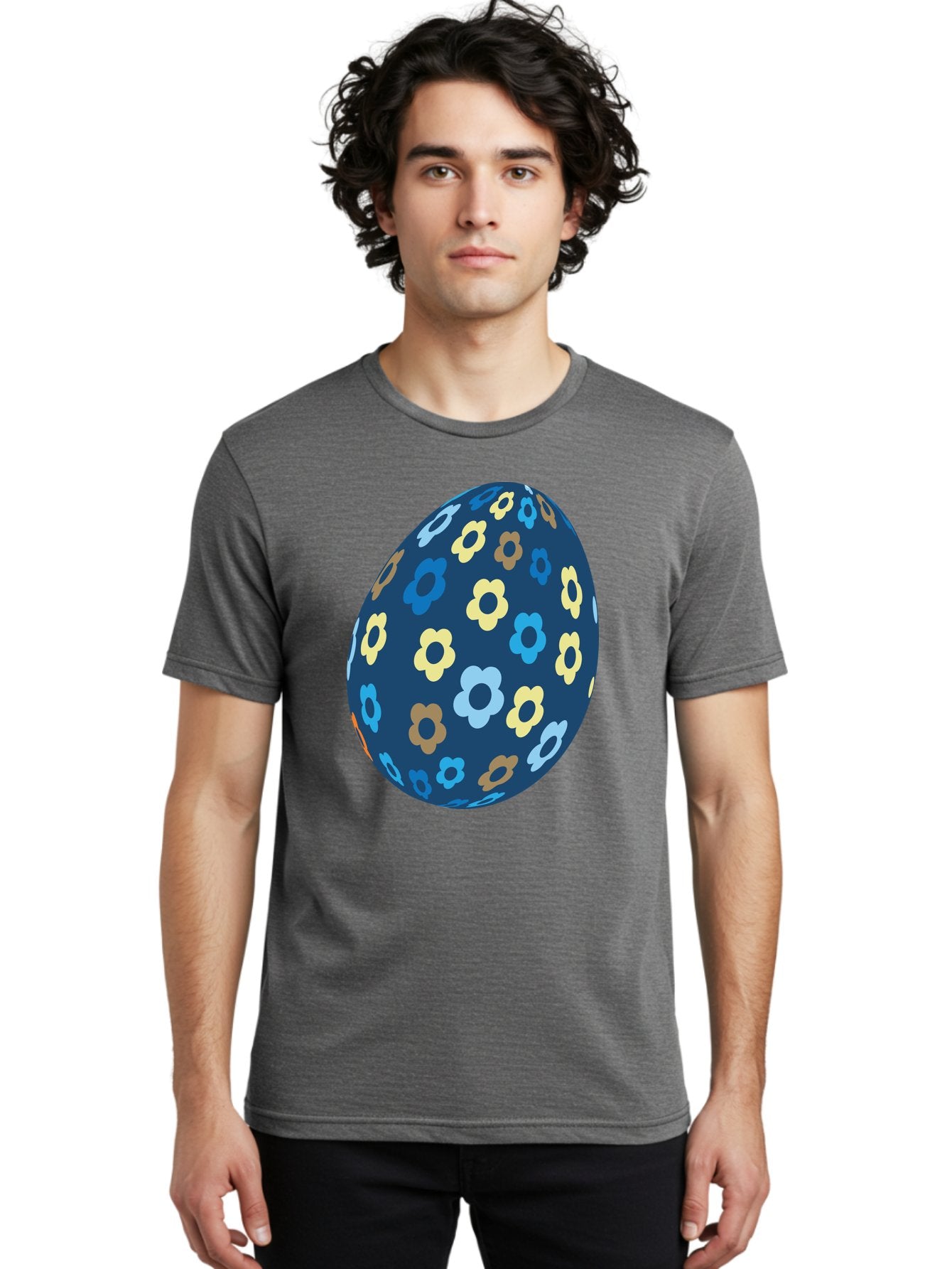 Floral-Egg-3 Men'S Graphic Tee, 100% Cotton, Comfortable Casual Summer Wear, Machine Washable, Easter Egg, Floral Pattern, Pastel Colors, Blue Egg, Yellow Flowers, Brown Flowers, Light Blue Flowers, Spring Theme, Easter Decoration Aac731 18