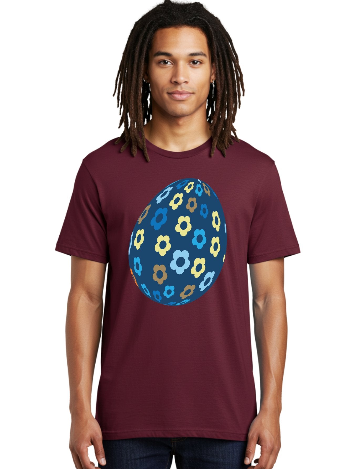 Floral-Egg-3 Men'S Graphic Tee, 100% Cotton, Comfortable Casual Summer Wear, Machine Washable, Easter Egg, Floral Pattern, Pastel Colors, Blue Egg, Yellow Flowers, Brown Flowers, Light Blue Flowers, Spring Theme, Easter Decoration Aac731 28