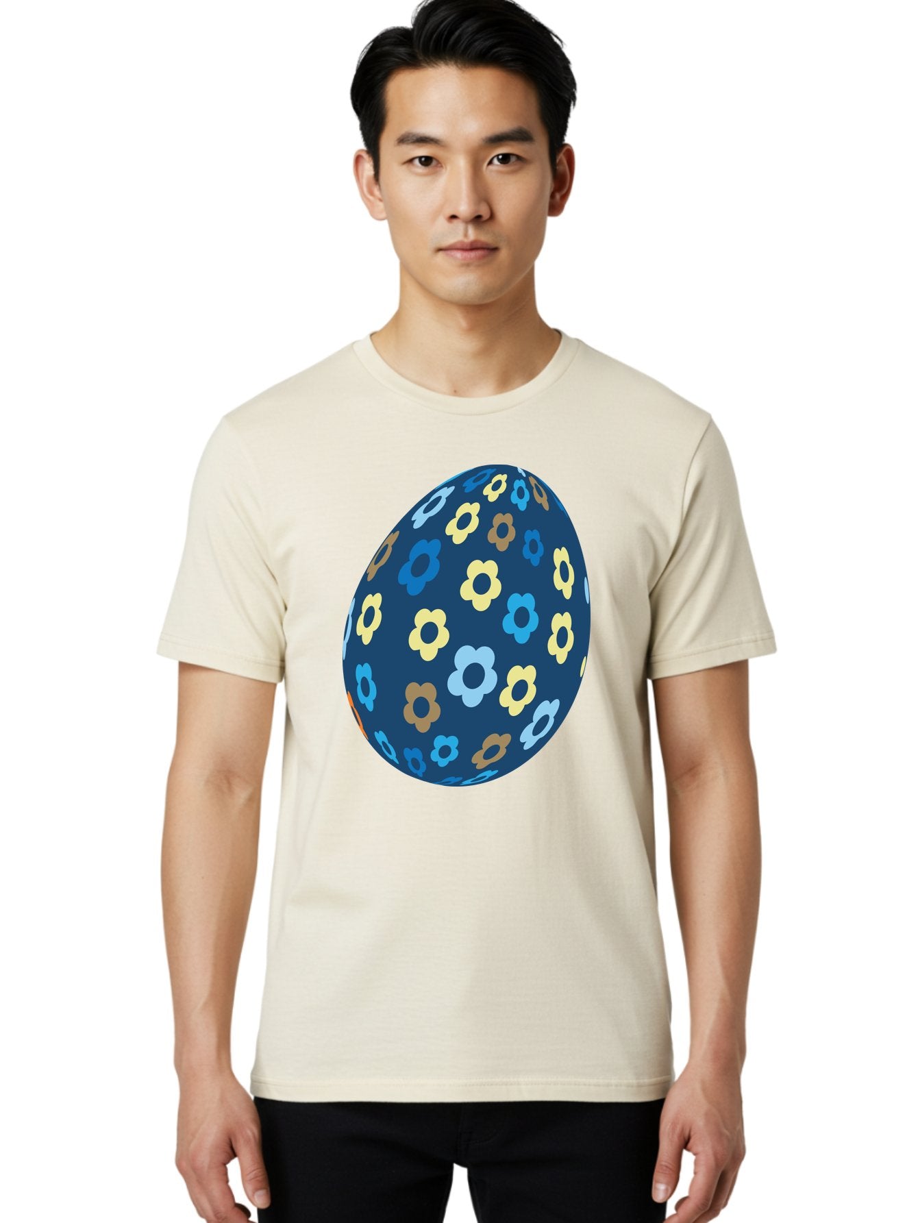 Floral-Egg-3 Men'S Graphic Tee, 100% Cotton, Comfortable Casual Summer Wear, Machine Washable, Easter Egg, Floral Pattern, Pastel Colors, Blue Egg, Yellow Flowers, Brown Flowers, Light Blue Flowers, Spring Theme, Easter Decoration Aac731 20