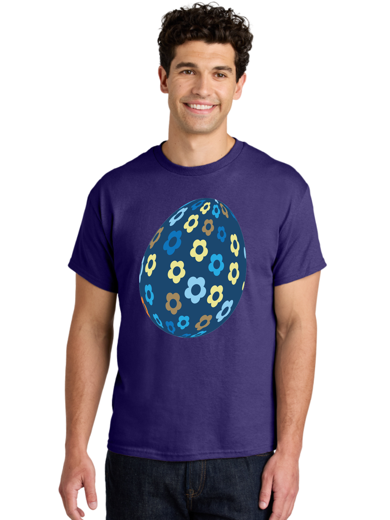 Floral-Egg-3 Men'S Graphic Tee, 100% Cotton, Comfortable Casual Summer Wear, Machine Washable, Easter Egg, Floral Pattern, Pastel Colors, Blue Egg, Yellow Flowers, Brown Flowers, Light Blue Flowers, Spring Theme, Easter Decoration Aac731 28