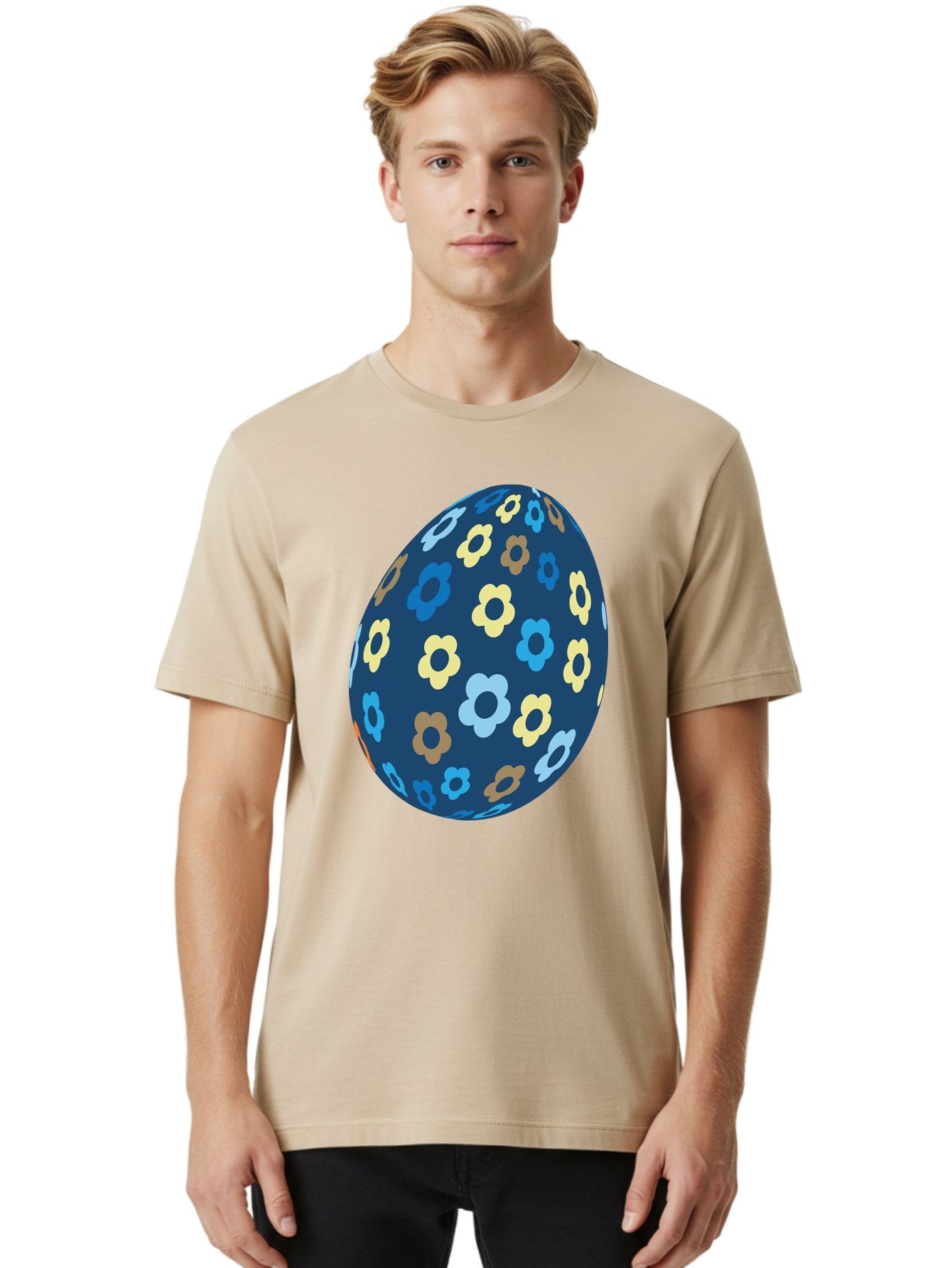 Floral-Egg-3 Men'S Graphic Tee, 100% Cotton, Comfortable Casual Summer Wear, Machine Washable, Easter Egg, Floral Pattern, Pastel Colors, Blue Egg, Yellow Flowers, Brown Flowers, Light Blue Flowers, Spring Theme, Easter Decoration Aac731 29