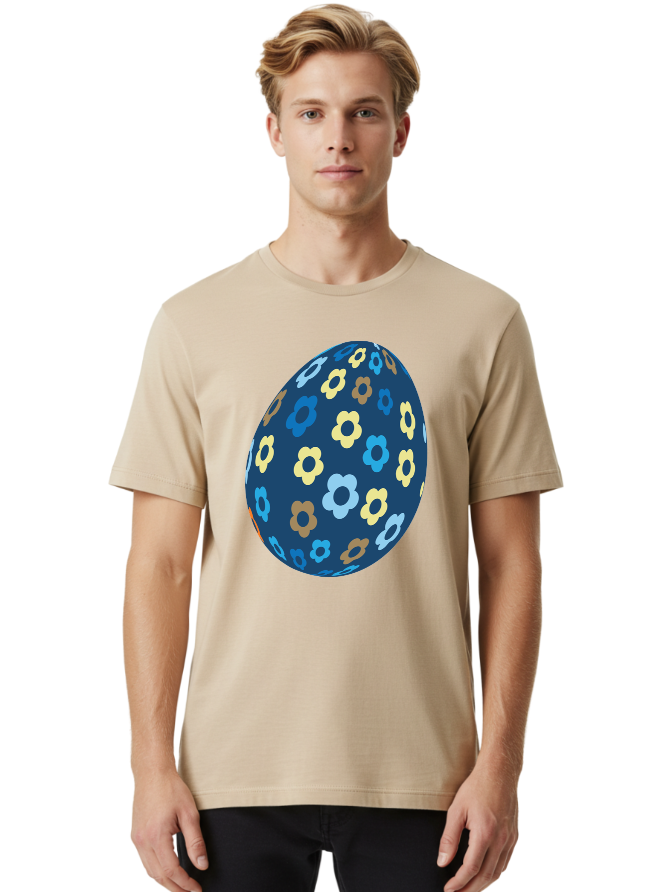 Floral-Egg-3 Men'S Graphic Tee, 100% Cotton, Comfortable Casual Summer Wear, Machine Washable, Easter Egg, Floral Pattern, Pastel Colors, Blue Egg, Yellow Flowers, Brown Flowers, Light Blue Flowers, Spring Theme, Easter Decoration Aac731 4