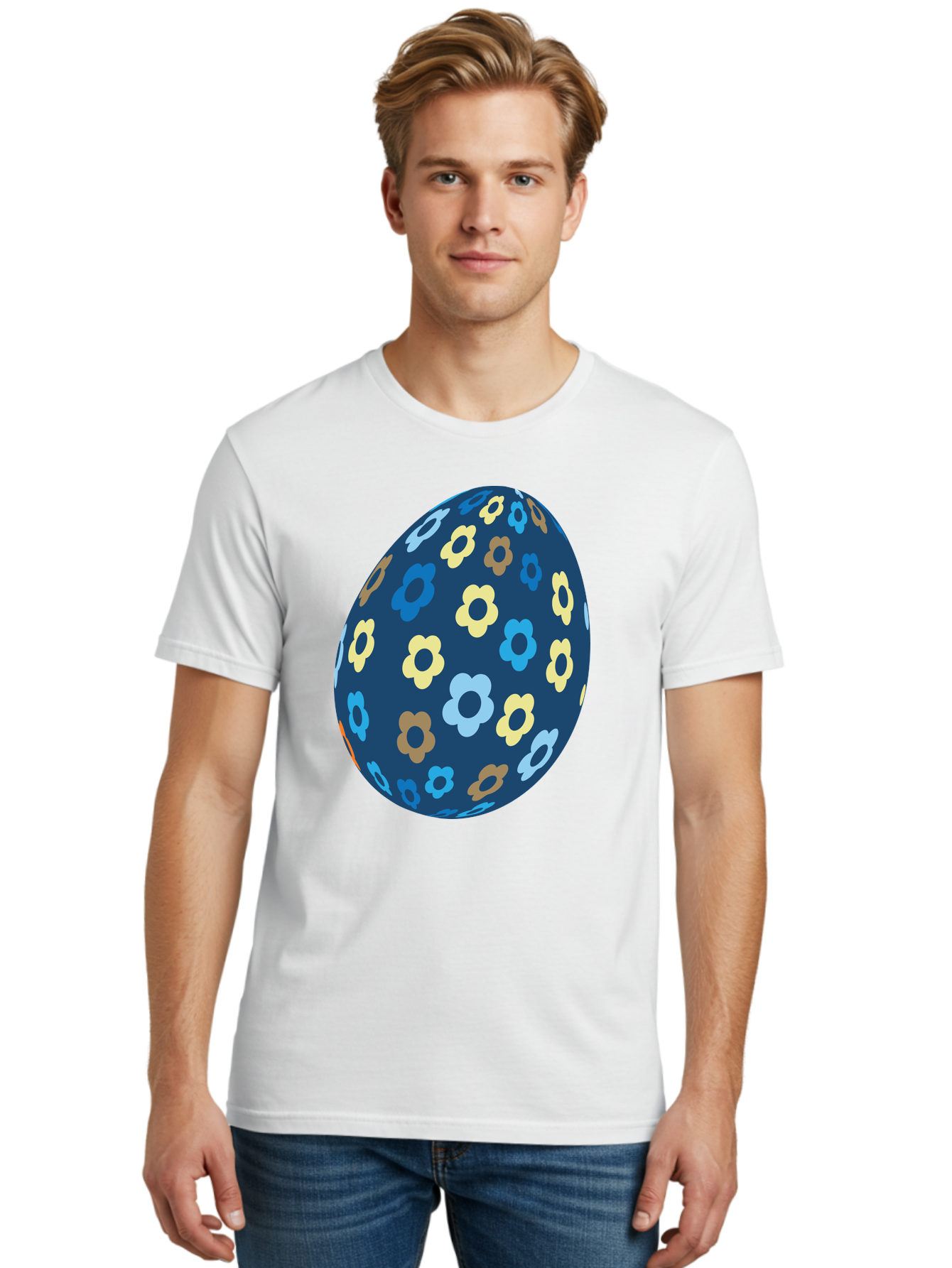 Floral-Egg-3 Men'S Graphic Tee, 100% Cotton, Comfortable Casual Summer Wear, Machine Washable, Easter Egg, Floral Pattern, Pastel Colors, Blue Egg, Yellow Flowers, Brown Flowers, Light Blue Flowers, Spring Theme, Easter Decoration Aac731