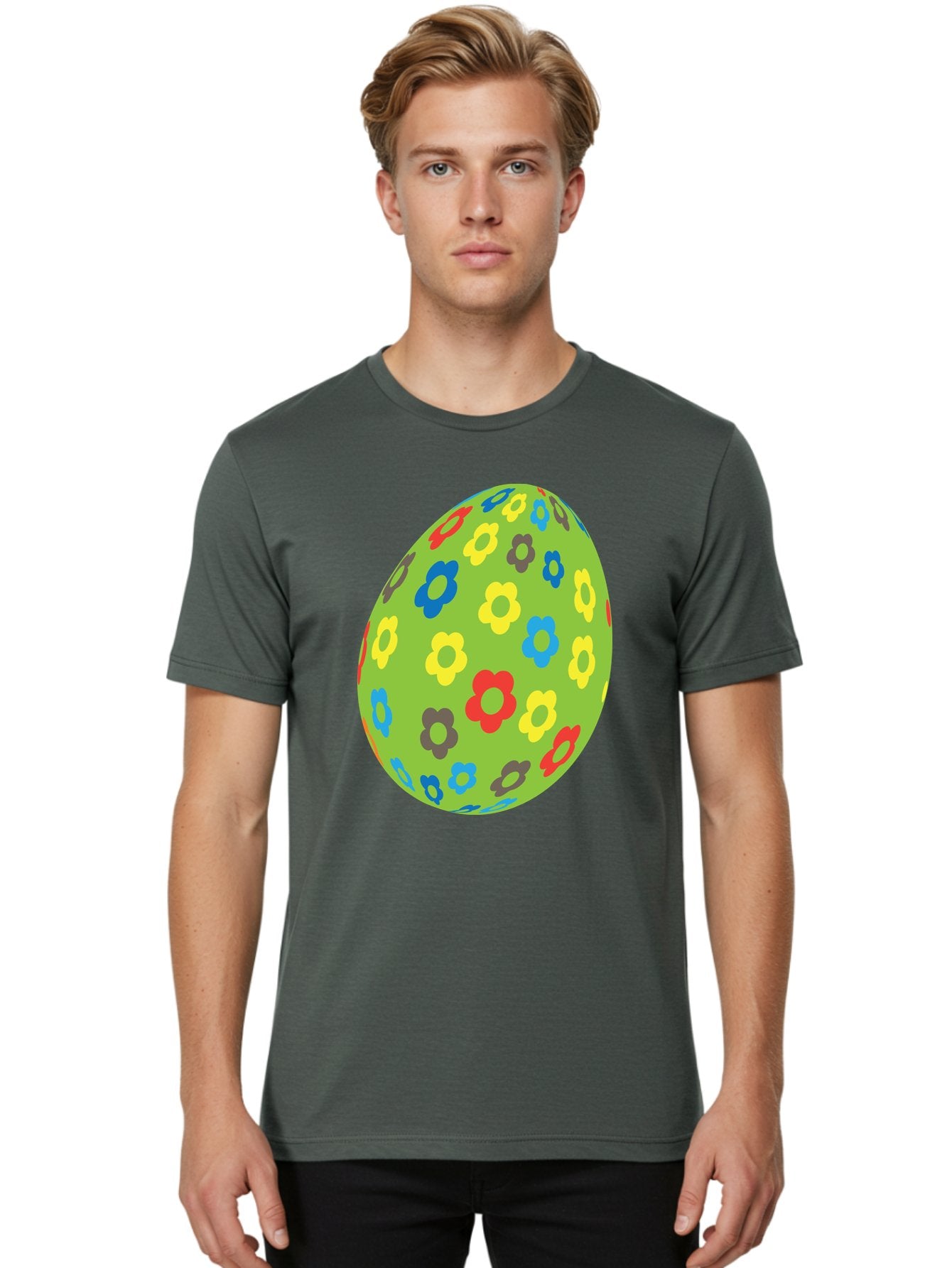 Floral-Egg Men'S Graphic Tee, 100% Cotton, Comfortable Casual Summer Wear, Machine Washable, Decorated Egg, Floral Pattern, Colorful Flowers, Easter Egg Decoration, Spring Theme, Festive Design, Cartoon Style, Red, Blue, Yellow, Purple Flowers Aac732 17