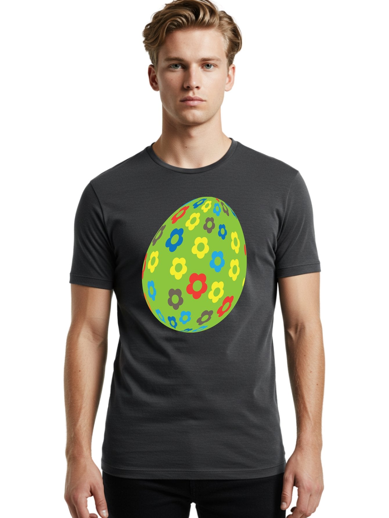 Floral-Egg Men'S Graphic Tee, 100% Cotton, Comfortable Casual Summer Wear, Machine Washable, Decorated Egg, Floral Pattern, Colorful Flowers, Easter Egg Decoration, Spring Theme, Festive Design, Cartoon Style, Red, Blue, Yellow, Purple Flowers Aac732 19