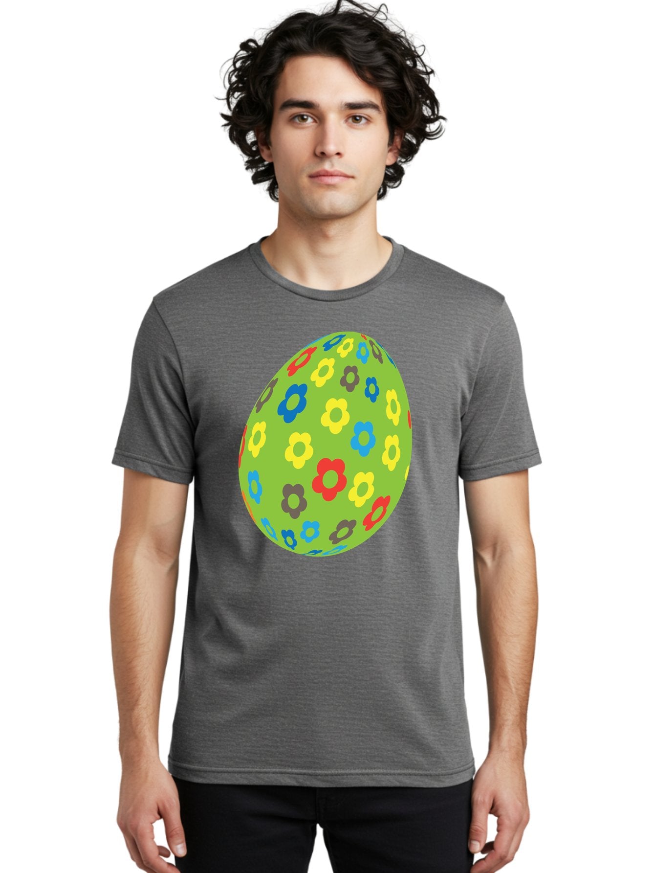Floral-Egg Men'S Graphic Tee, 100% Cotton, Comfortable Casual Summer Wear, Machine Washable, Decorated Egg, Floral Pattern, Colorful Flowers, Easter Egg Decoration, Spring Theme, Festive Design, Cartoon Style, Red, Blue, Yellow, Purple Flowers Aac732 27
