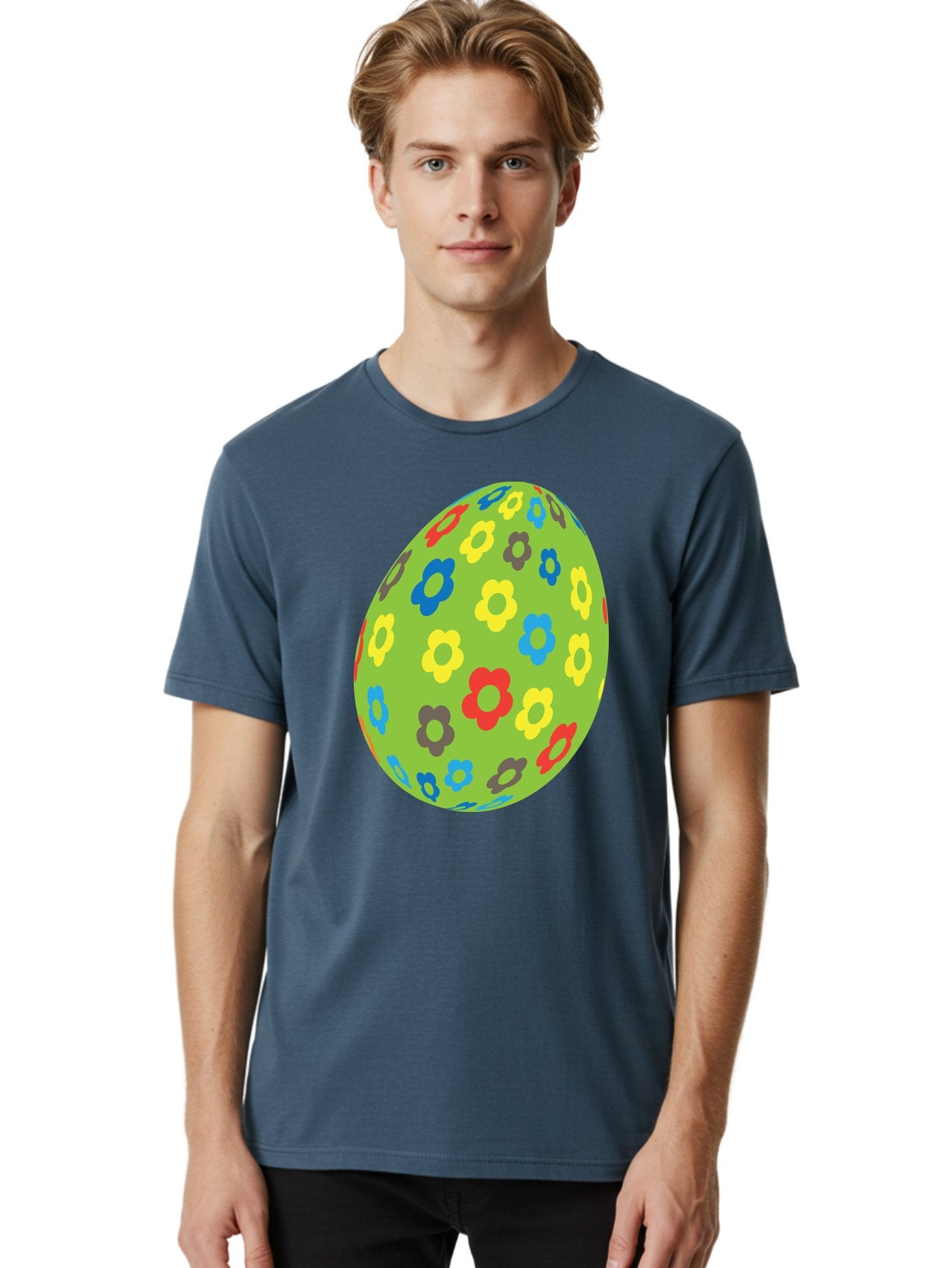 Floral-Egg Men'S Graphic Tee, 100% Cotton, Comfortable Casual Summer Wear, Machine Washable, Decorated Egg, Floral Pattern, Colorful Flowers, Easter Egg Decoration, Spring Theme, Festive Design, Cartoon Style, Red, Blue, Yellow, Purple Flowers Aac732 21