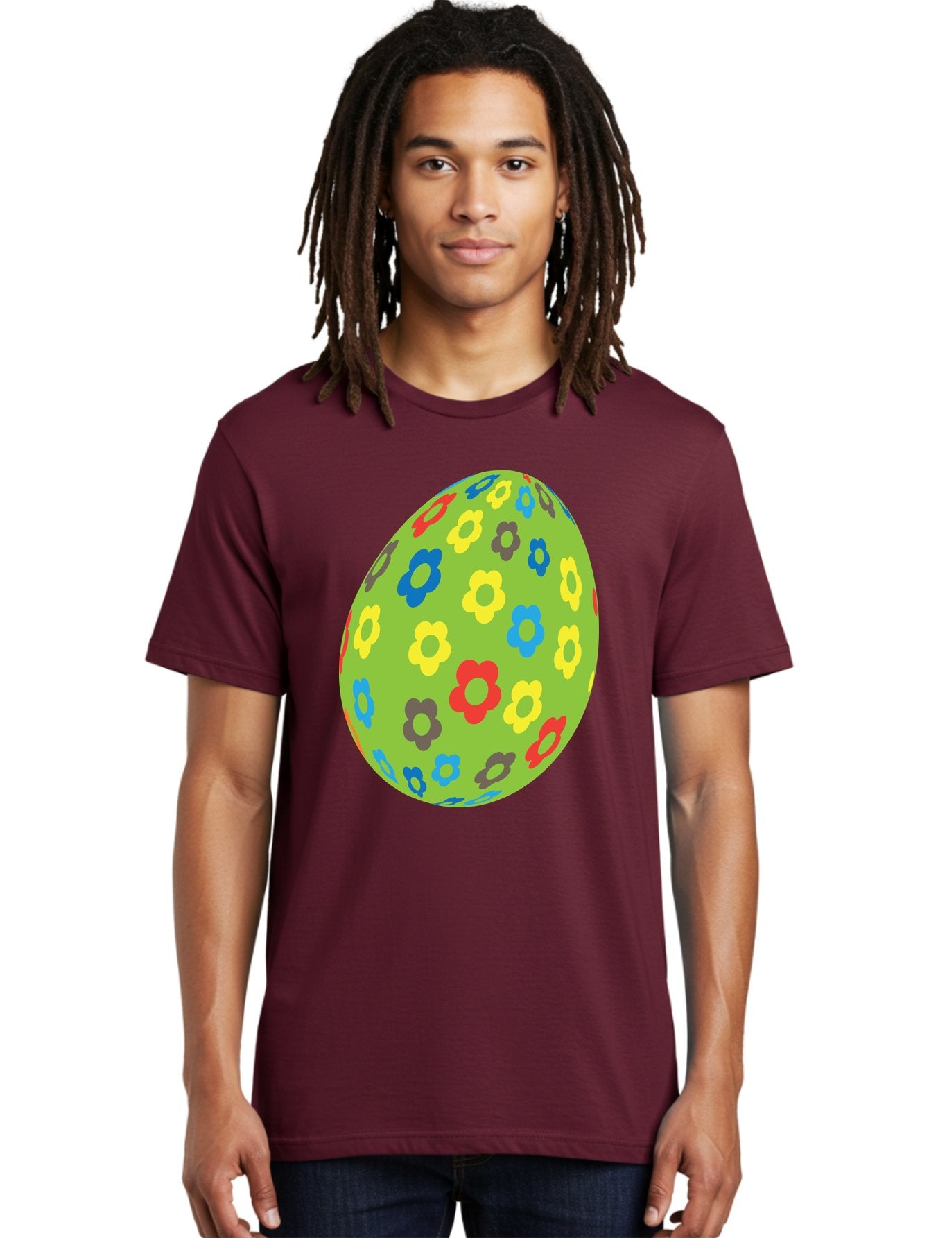 Floral-Egg Men'S Graphic Tee, 100% Cotton, Comfortable Casual Summer Wear, Machine Washable, Decorated Egg, Floral Pattern, Colorful Flowers, Easter Egg Decoration, Spring Theme, Festive Design, Cartoon Style, Red, Blue, Yellow, Purple Flowers Aac732 22
