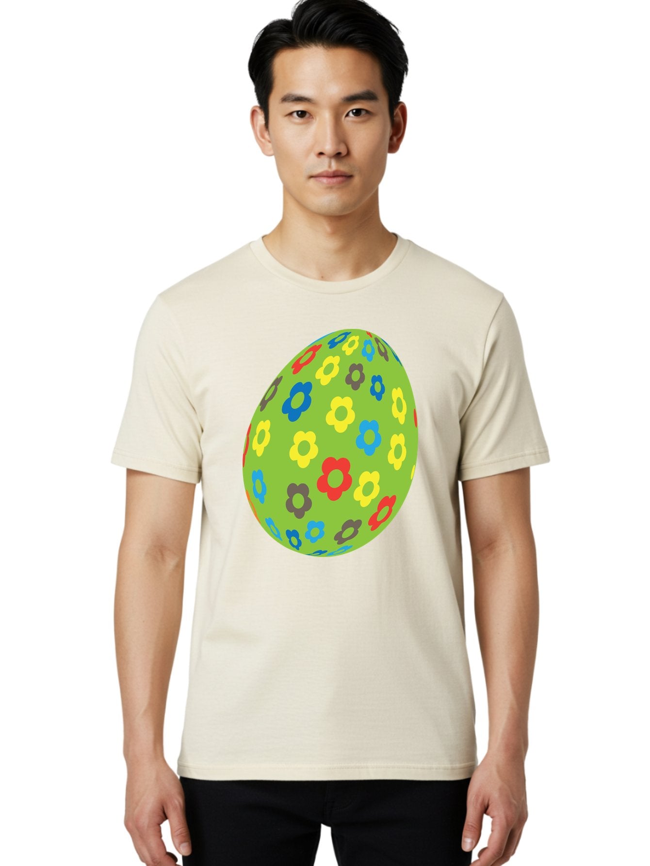 Floral-Egg Men'S Graphic Tee, 100% Cotton, Comfortable Casual Summer Wear, Machine Washable, Decorated Egg, Floral Pattern, Colorful Flowers, Easter Egg Decoration, Spring Theme, Festive Design, Cartoon Style, Red, Blue, Yellow, Purple Flowers Aac732 16