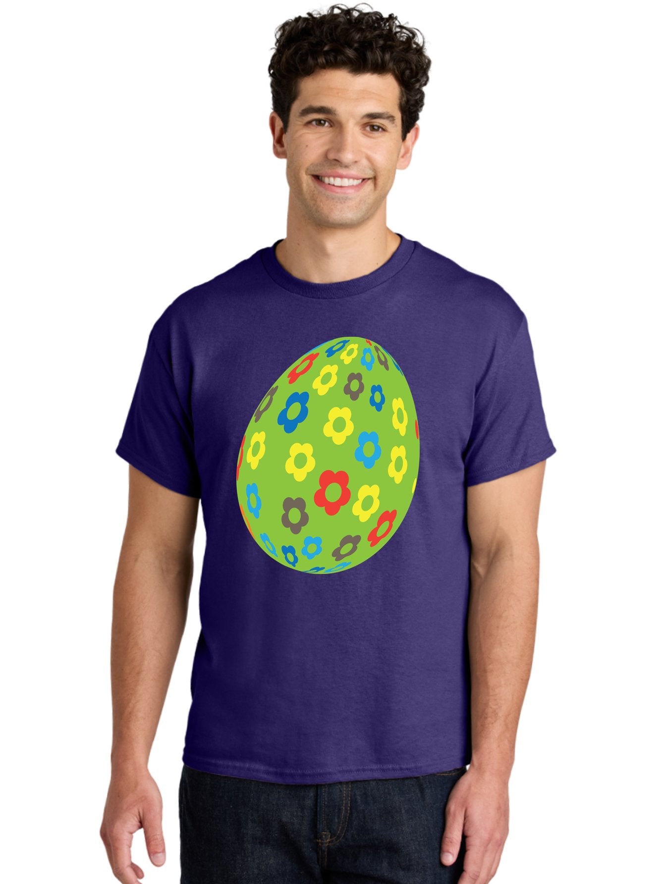 Floral-Egg Men'S Graphic Tee, 100% Cotton, Comfortable Casual Summer Wear, Machine Washable, Decorated Egg, Floral Pattern, Colorful Flowers, Easter Egg Decoration, Spring Theme, Festive Design, Cartoon Style, Red, Blue, Yellow, Purple Flowers Aac732 25