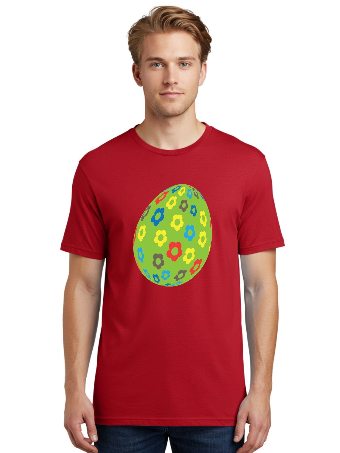 Floral-Egg Men'S Graphic Tee, 100% Cotton, Comfortable Casual Summer Wear, Machine Washable, Decorated Egg, Floral Pattern, Colorful Flowers, Easter Egg Decoration, Spring Theme, Festive Design, Cartoon Style, Red, Blue, Yellow, Purple Flowers Aac732 20