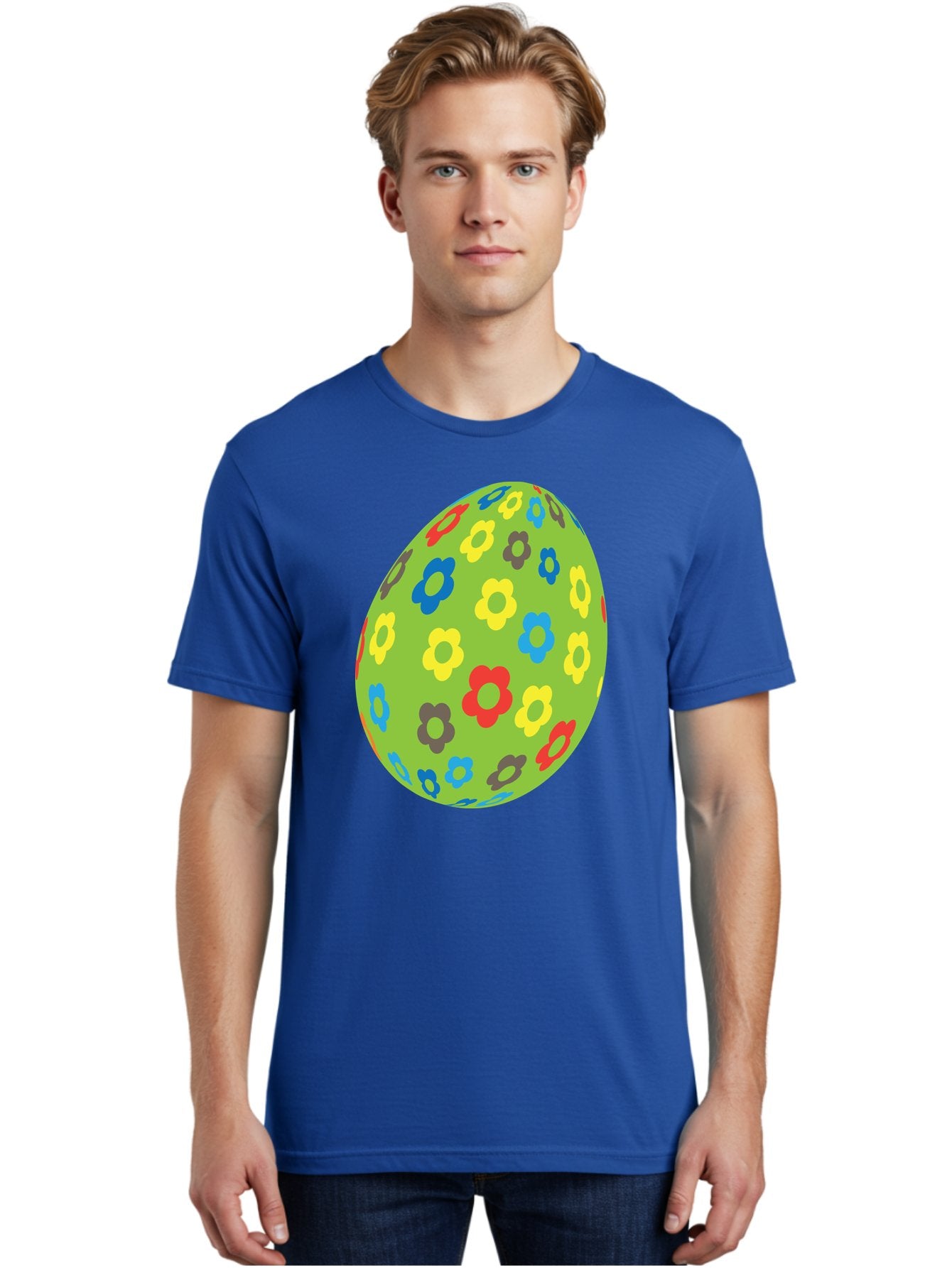 Floral-Egg Men'S Graphic Tee, 100% Cotton, Comfortable Casual Summer Wear, Machine Washable, Decorated Egg, Floral Pattern, Colorful Flowers, Easter Egg Decoration, Spring Theme, Festive Design, Cartoon Style, Red, Blue, Yellow, Purple Flowers Aac732 18