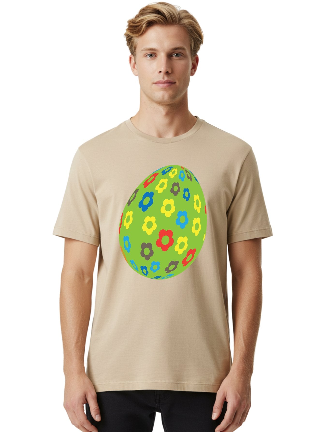 Floral-Egg Men'S Graphic Tee, 100% Cotton, Comfortable Casual Summer Wear, Machine Washable, Decorated Egg, Floral Pattern, Colorful Flowers, Easter Egg Decoration, Spring Theme, Festive Design, Cartoon Style, Red, Blue, Yellow, Purple Flowers Aac732 23