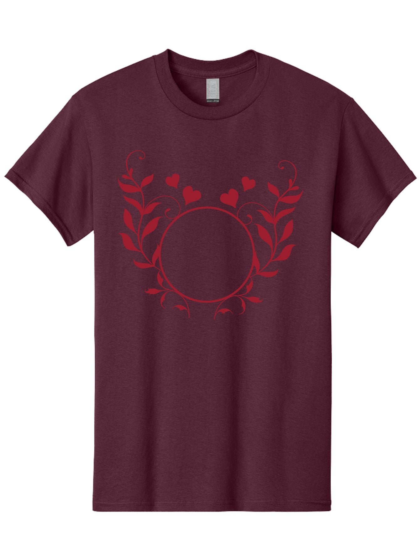 Floral-Heart-Design Men'S Graphic Tee, 100% Cotton, Comfortable Casual Summer Wear, Machine Washable, Floral Frame, Heart Decoration, Circular Border, Leafy Design, Red Hearts, Romantic Theme, Elegant Frame, Valentine'S Day Decor Aac734