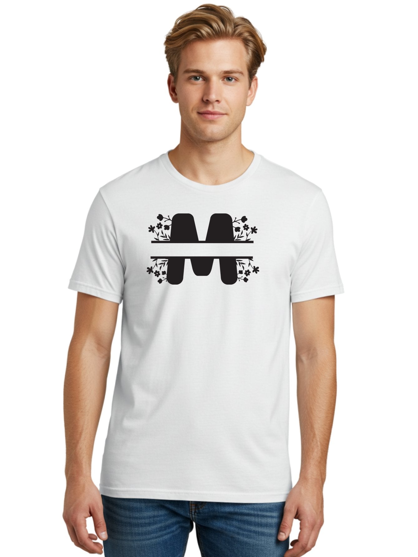 Floral-M-Logo Men'S Graphic Tee, 100% Cotton, Comfortable Casual Summer Wear, Machine Washable, Stylish Logo, Letter M, Floral Design, Bold Typography, Decorative Flowers, Modern Graphics, Sleek Design Aac735 17