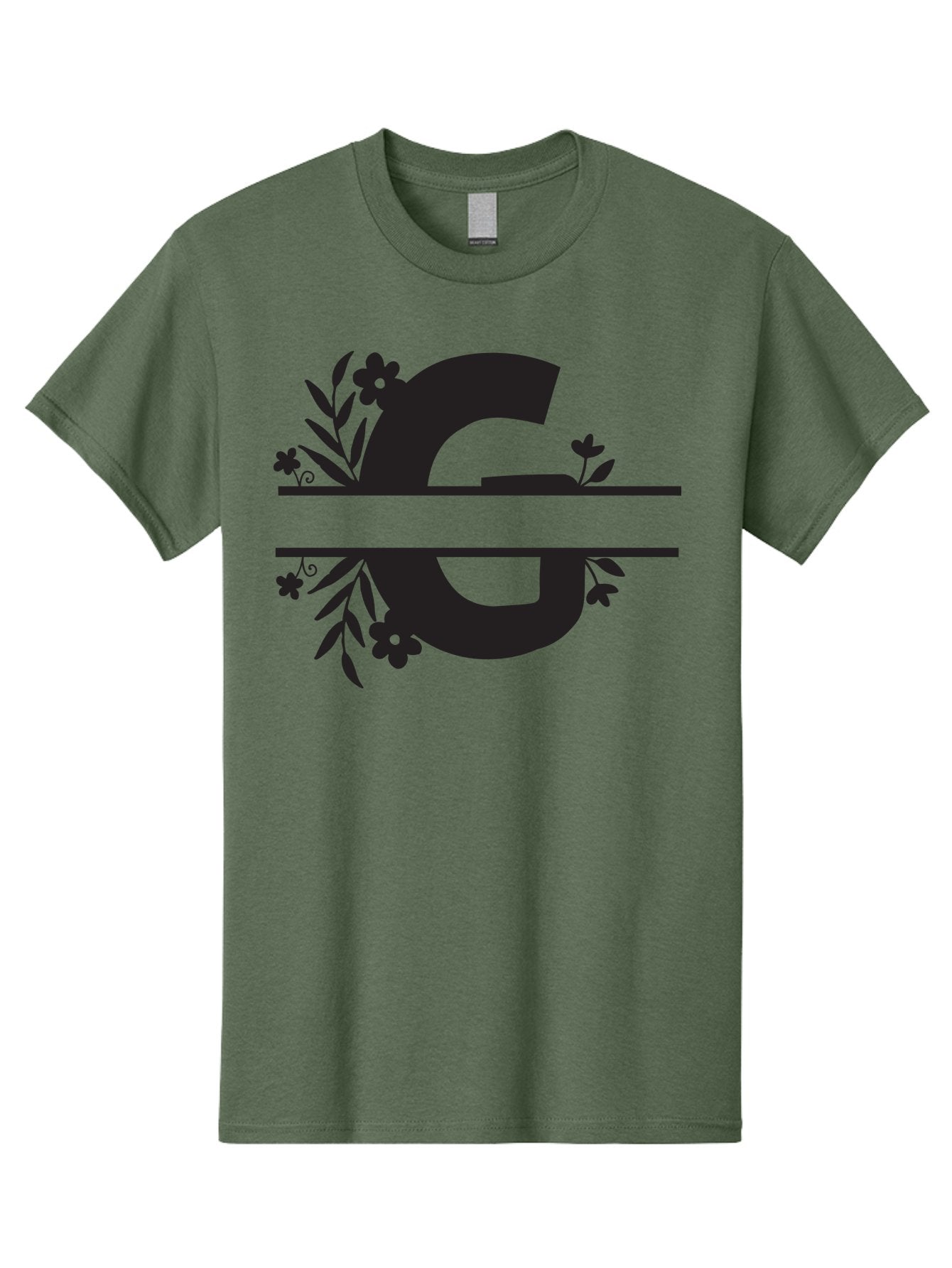 G-1 Men'S Graphic Tee, 100% Cotton, Comfortable Casual Summer Wear, Machine Washable, Stylish Letter G, Floral Decorations, Elegant Design, Black And Green Color Scheme, Leafy Patterns, Beautiful Typography, Decorative Elements, Leaf Vines, Aac748 9