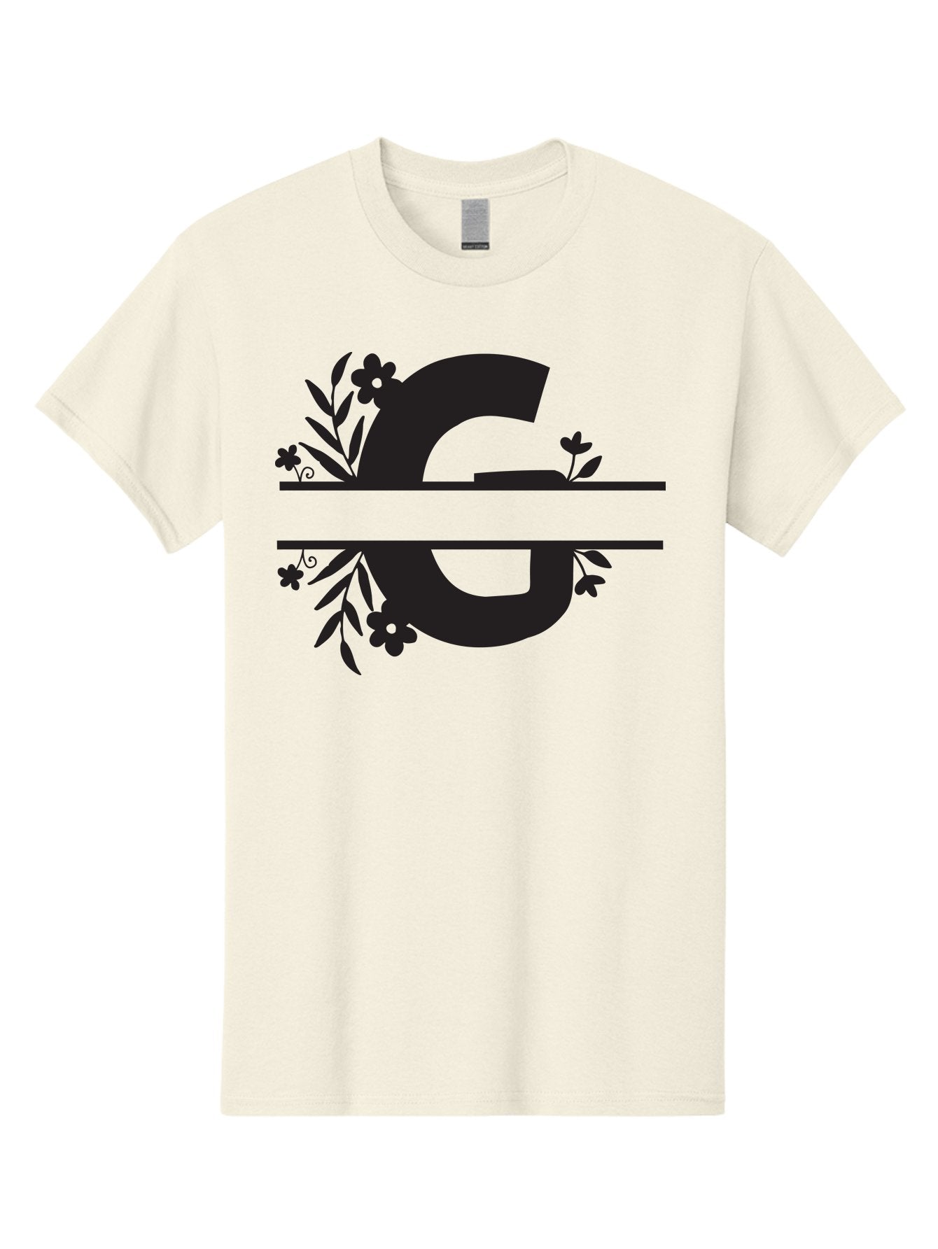 G-1 Men'S Graphic Tee, 100% Cotton, Comfortable Casual Summer Wear, Machine Washable, Stylish Letter G, Floral Decorations, Elegant Design, Black And Green Color Scheme, Leafy Patterns, Beautiful Typography, Decorative Elements, Leaf Vines, Aac748