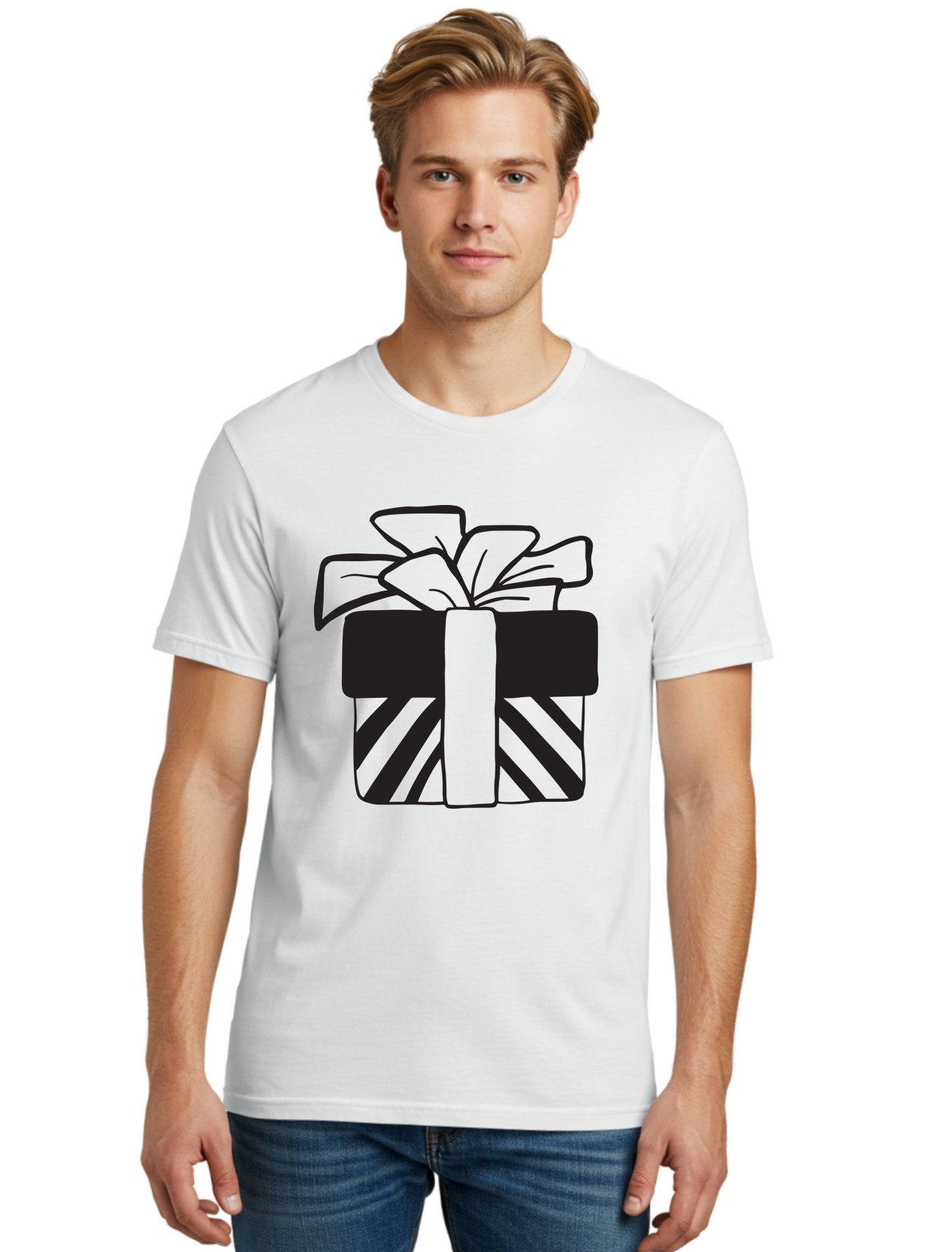 Gift-Box Men'S Graphic Tee, 100% Cotton, Comfortable Casual Summer Wear, Machine Washable, Wrapped Gift, Striped Box, Ribbon Bow, Present, Gift Giving, Holiday Present, Wrapped Present Aac753 25