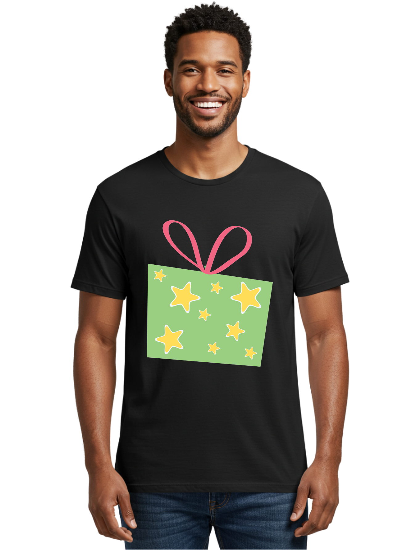 Gift-Tag-Stars Men'S Graphic Tee, 100% Cotton, Comfortable Casual Summer Wear, Machine Washable, Gift Tag, Yellow Stars, Pink Ribbon, Festive Design, Celebratory Theme, Decorative Element, Party Favor, Gift Decoration, Shiny Stars Aac754 30