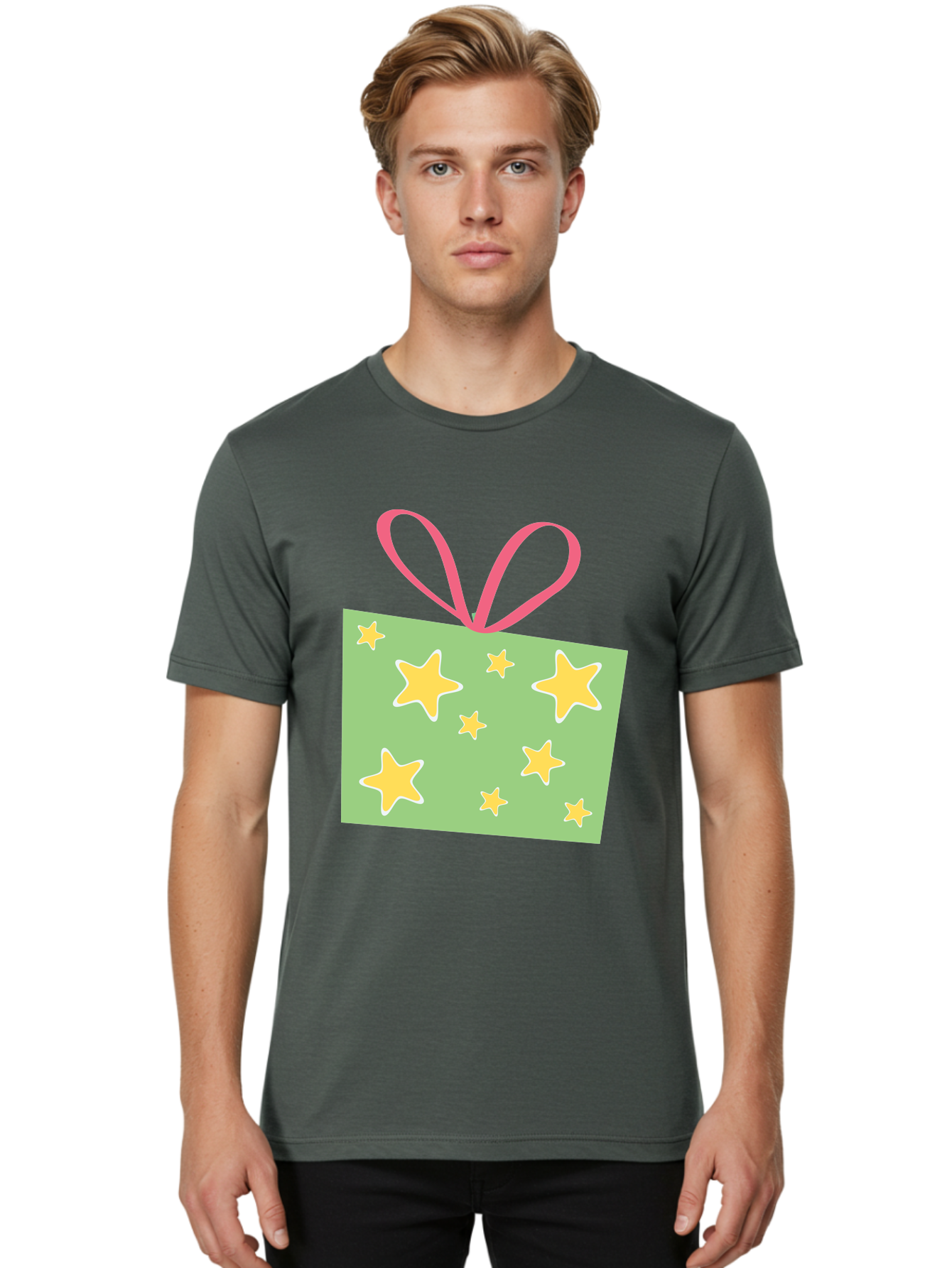 Gift-Tag-Stars Men'S Graphic Tee, 100% Cotton, Comfortable Casual Summer Wear, Machine Washable, Gift Tag, Yellow Stars, Pink Ribbon, Festive Design, Celebratory Theme, Decorative Element, Party Favor, Gift Decoration, Shiny Stars Aac754 8