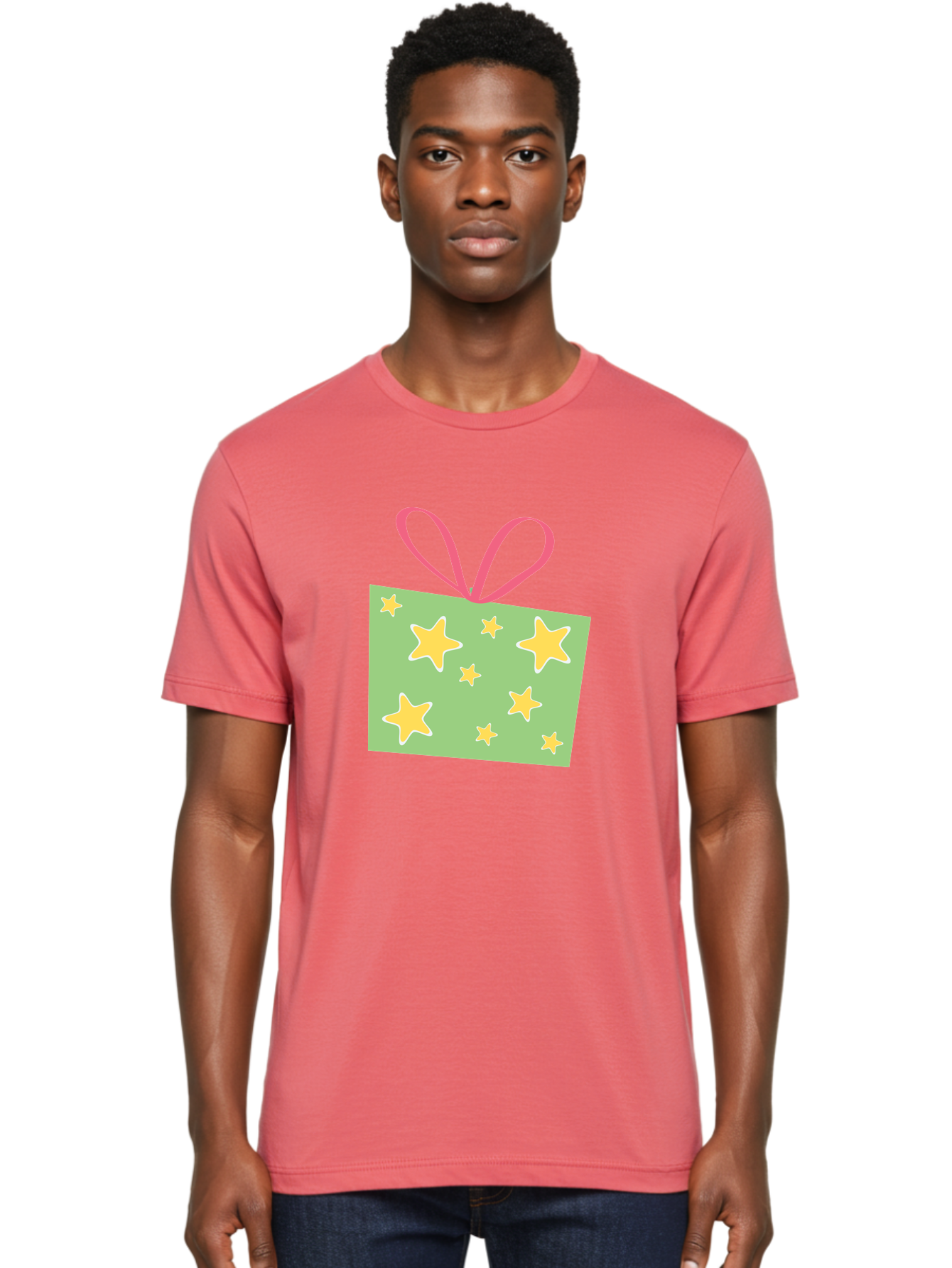 Gift-Tag-Stars Men'S Graphic Tee, 100% Cotton, Comfortable Casual Summer Wear, Machine Washable, Gift Tag, Yellow Stars, Pink Ribbon, Festive Design, Celebratory Theme, Decorative Element, Party Favor, Gift Decoration, Shiny Stars Aac754 12