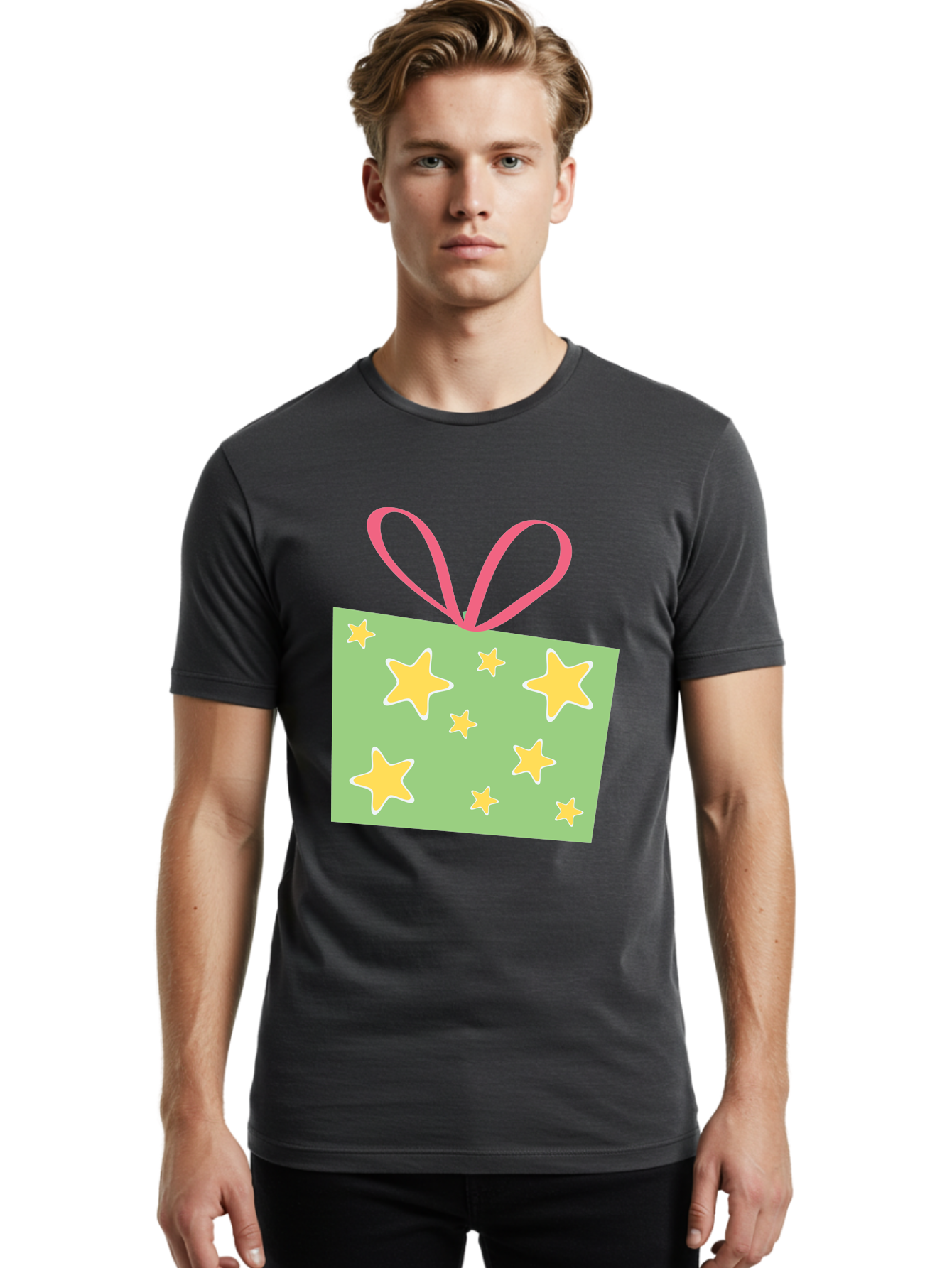 Gift-Tag-Stars Men'S Graphic Tee, 100% Cotton, Comfortable Casual Summer Wear, Machine Washable, Gift Tag, Yellow Stars, Pink Ribbon, Festive Design, Celebratory Theme, Decorative Element, Party Favor, Gift Decoration, Shiny Stars Aac754 16